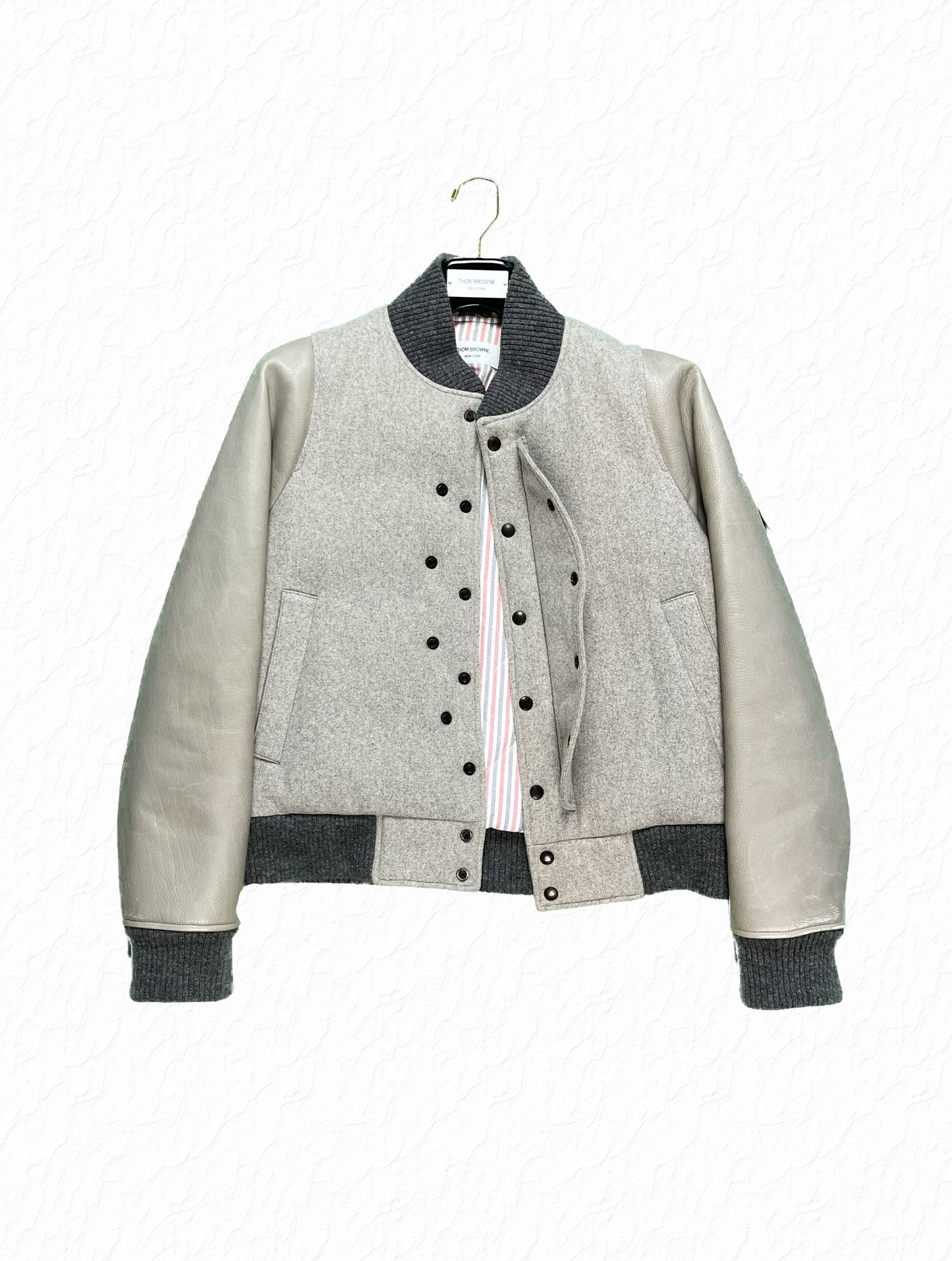 Thom Browne Grey Wool Flannel Varsity Jacket with Cream Leather Sleeves