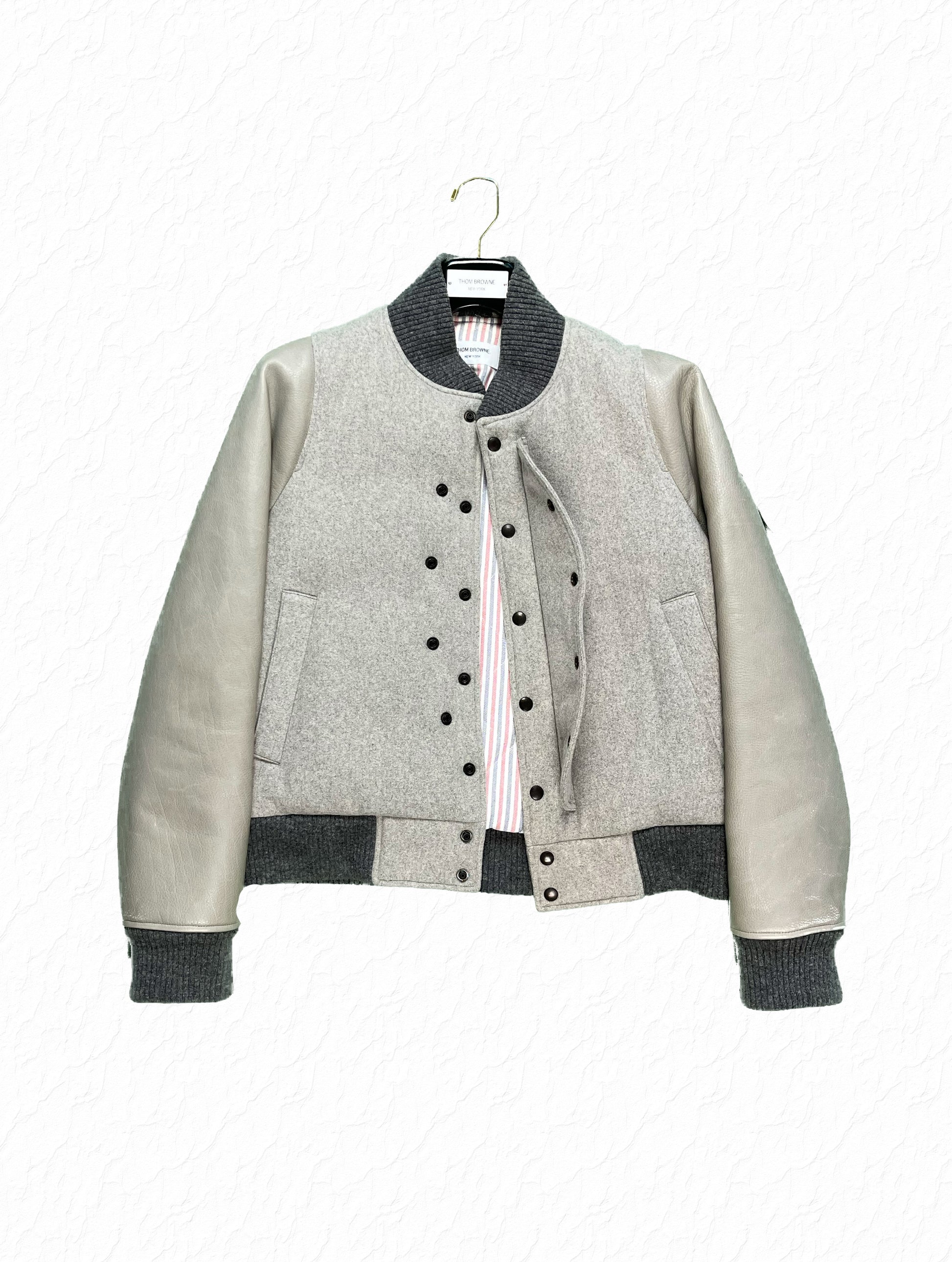 Thom Browne Grey Wool Flannel Varsity Jacket with Cream Leather Sleeves