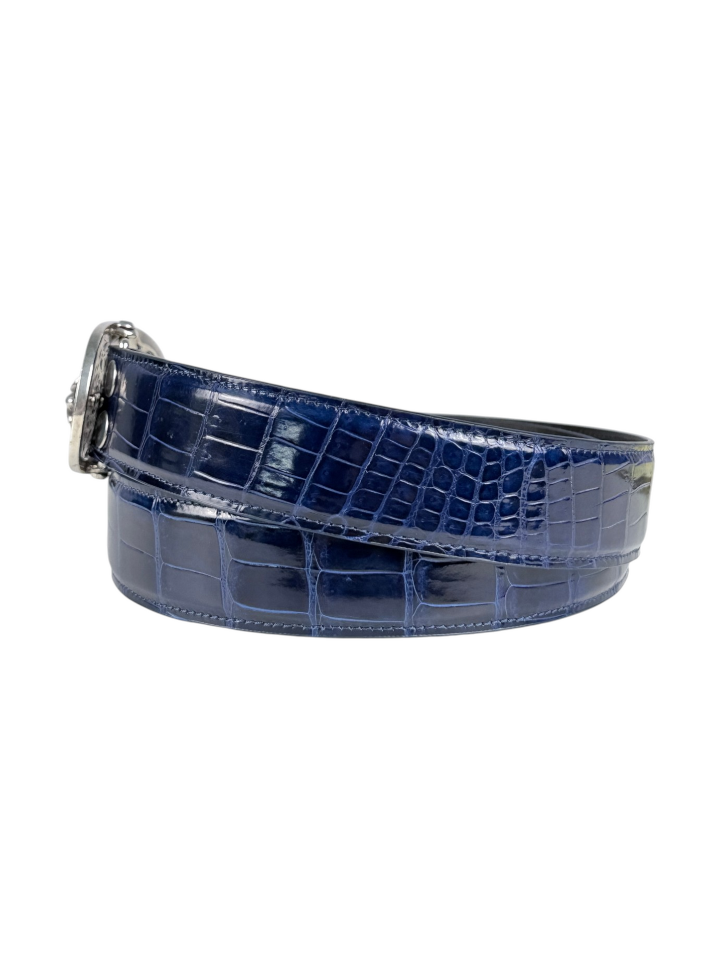 Blue crocodile belt strap with AMAL two snap button buckle system