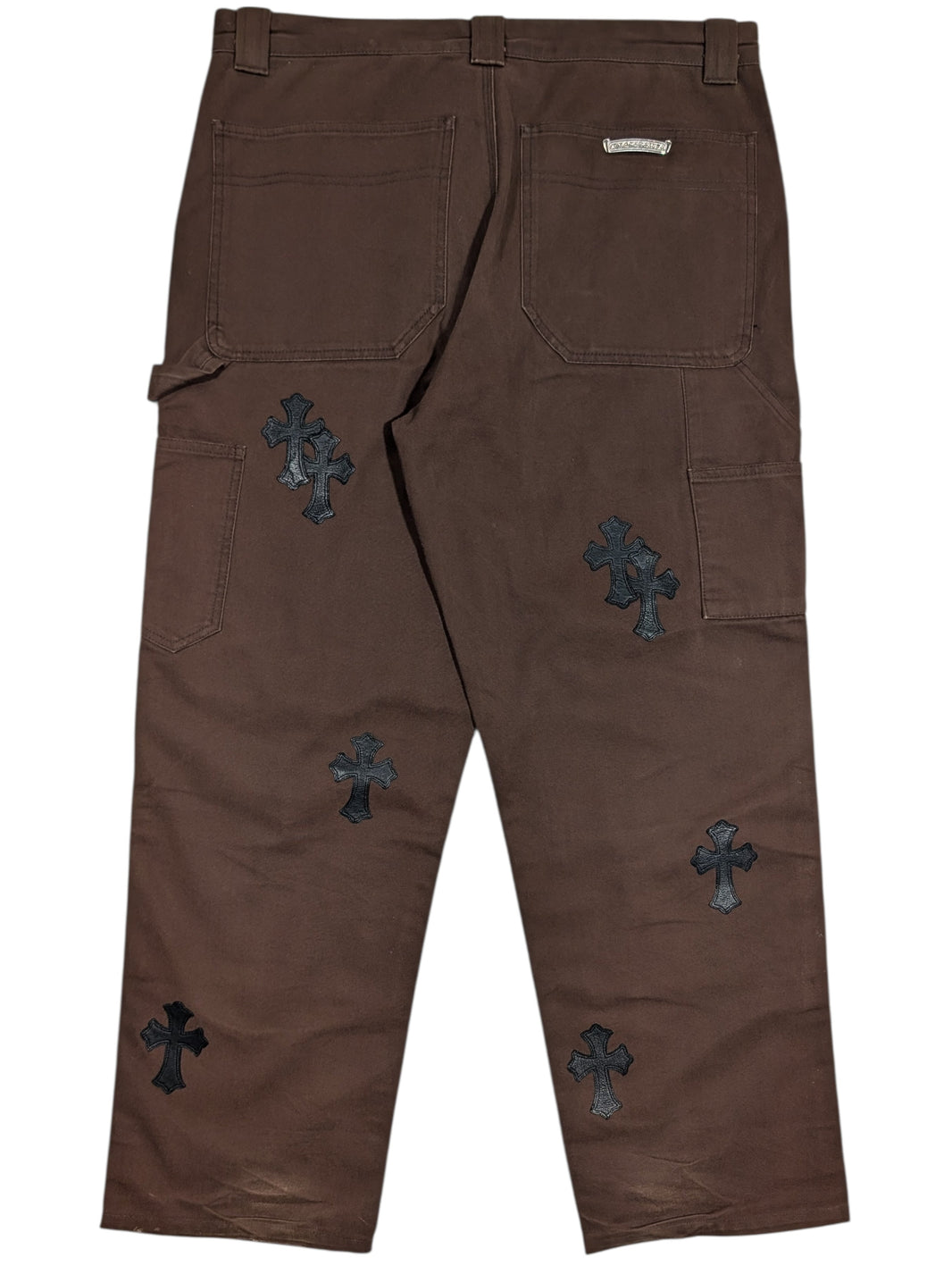 chrome hearts carpenter pants brown double knee back view black leather cross patch denim