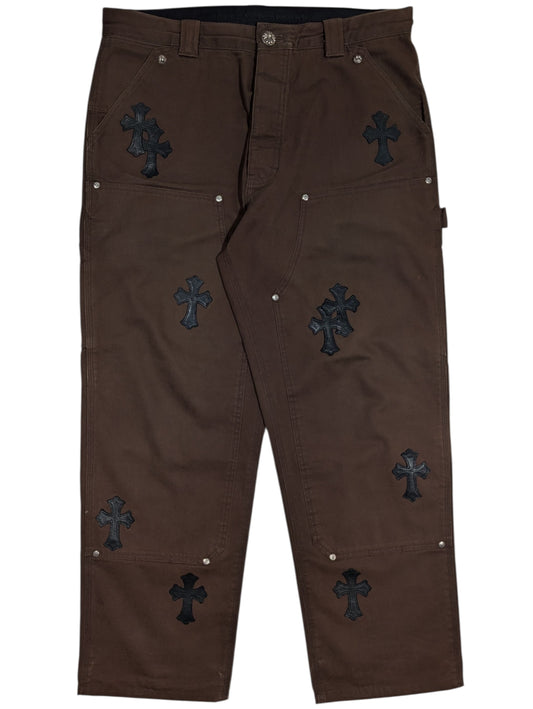 chrome hearts brown double knee carpenter pants black leather cross patch front collectible rare