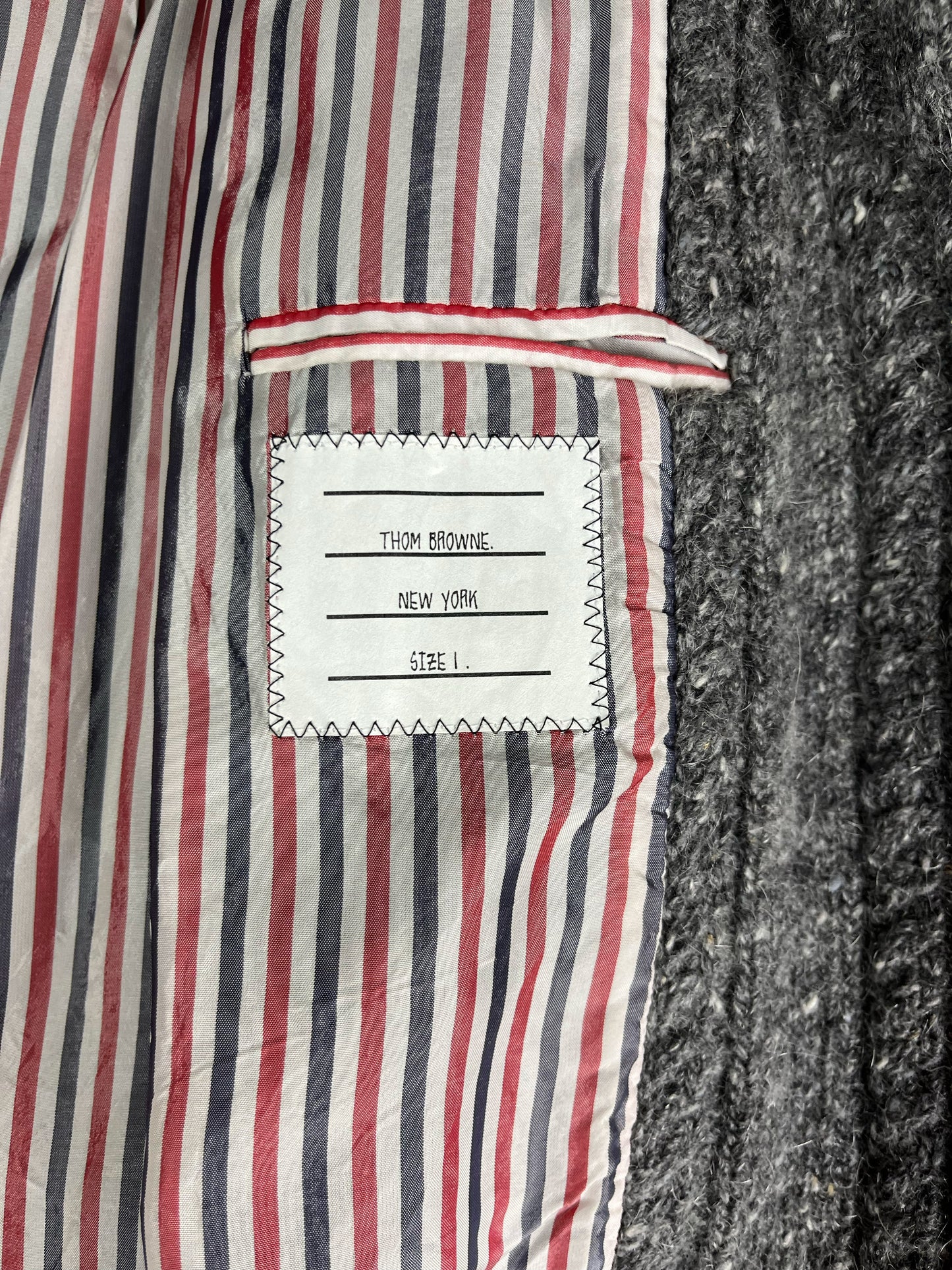 Thom Browne New York size 1 label on grey cable knit Chesterfield coat