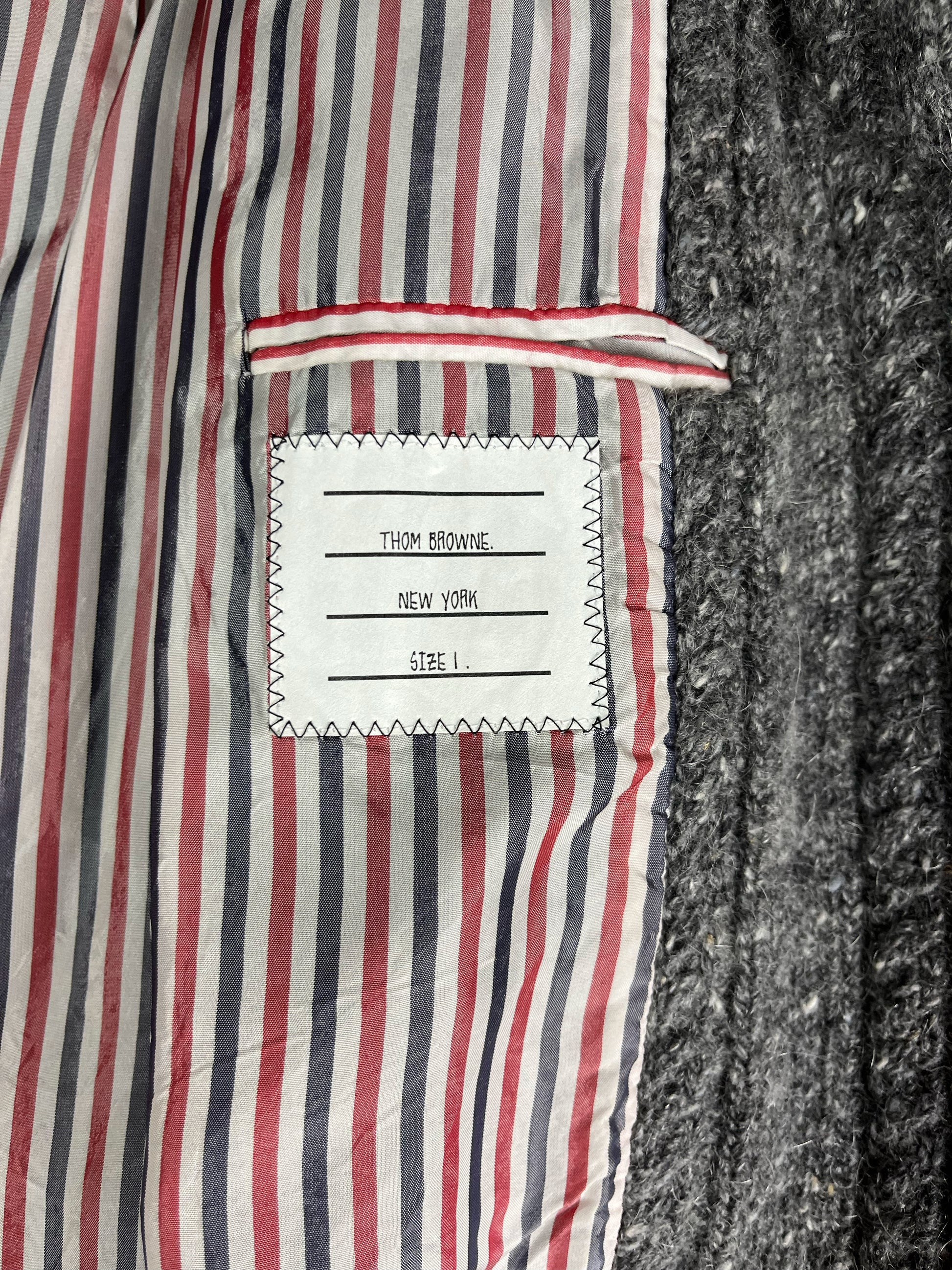 Thom Browne New York size 1 label on grey cable knit Chesterfield coat