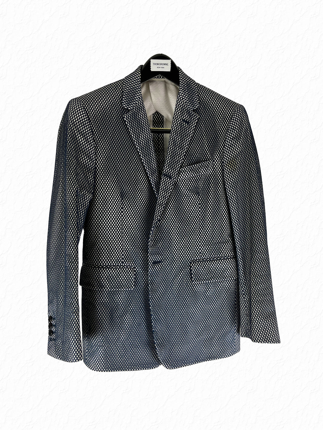 Thom Browne mesh overlay Marcella suit jacket in navy over white cotton