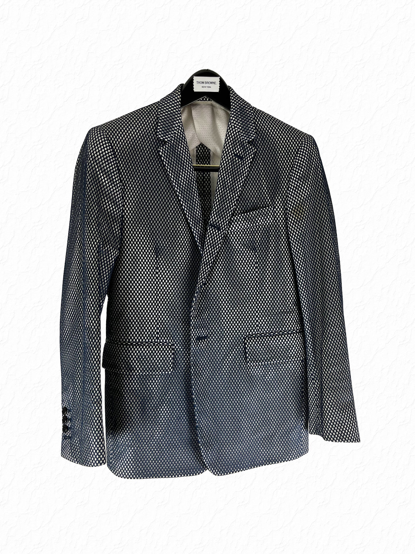 Thom Browne mesh overlay Marcella suit jacket in navy over white cotton