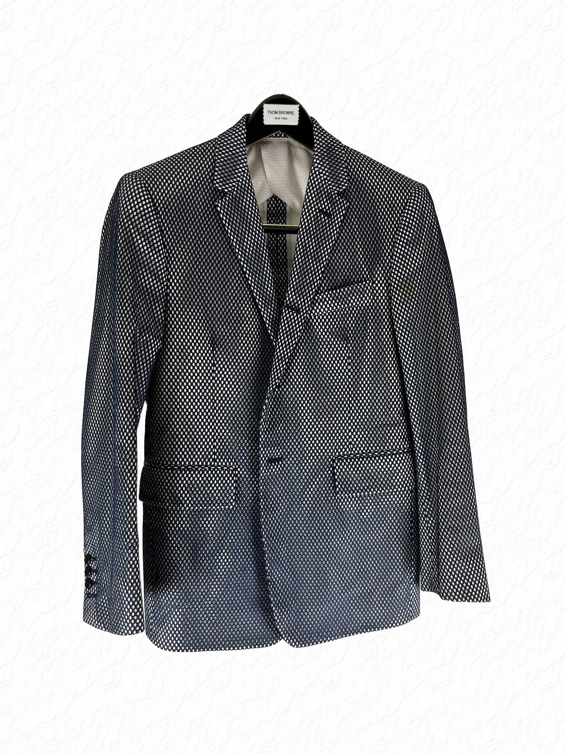 Thom Browne mesh overlay Marcella suit jacket in navy over white cotton
