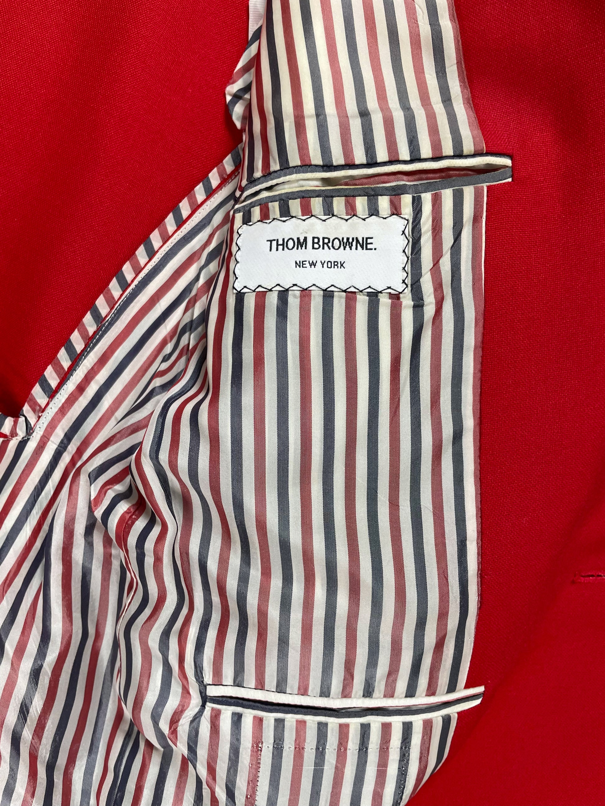 Thom Browne New York hand-stitched label on red mohair sport coat