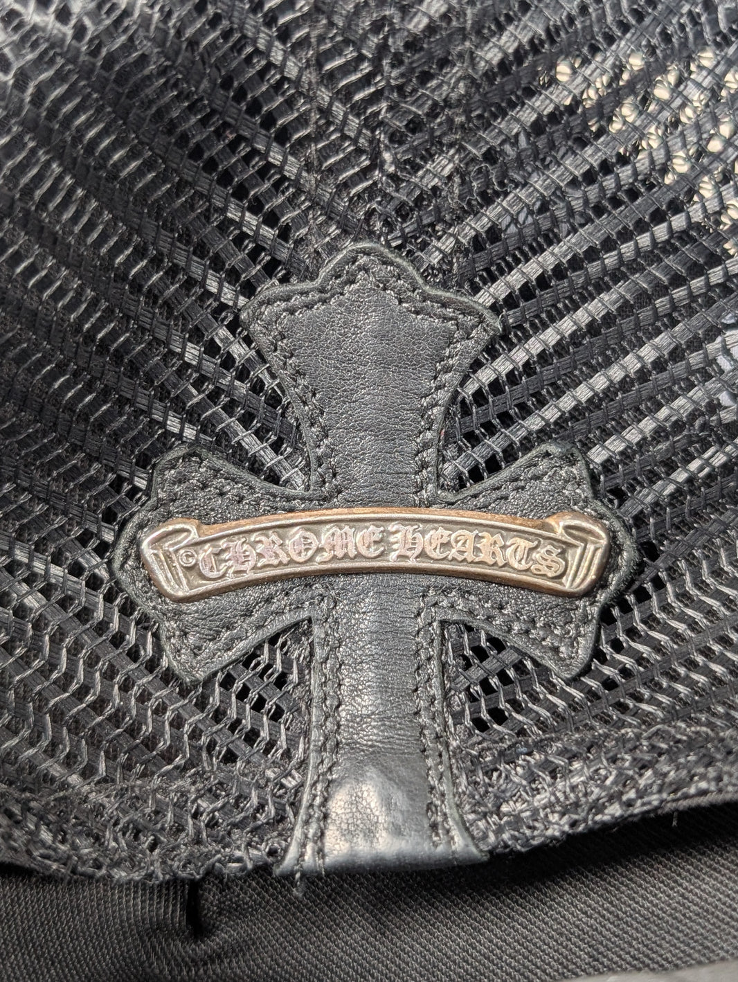 chrome hearts trucker hat cemetery cross patch black leather silver detail collectible fashion