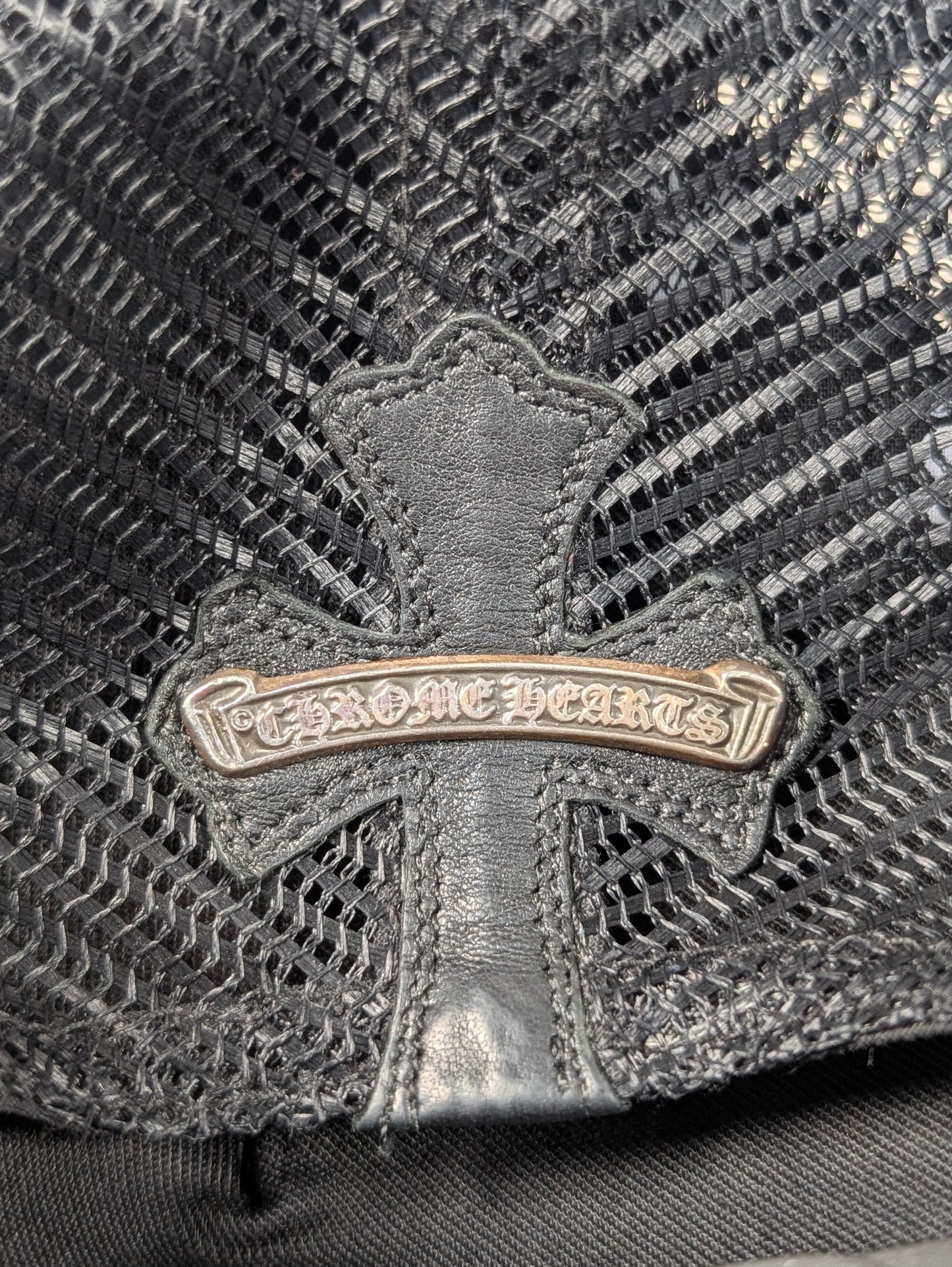 chrome hearts trucker hat cemetery cross patch black leather silver detail collectible fashion
