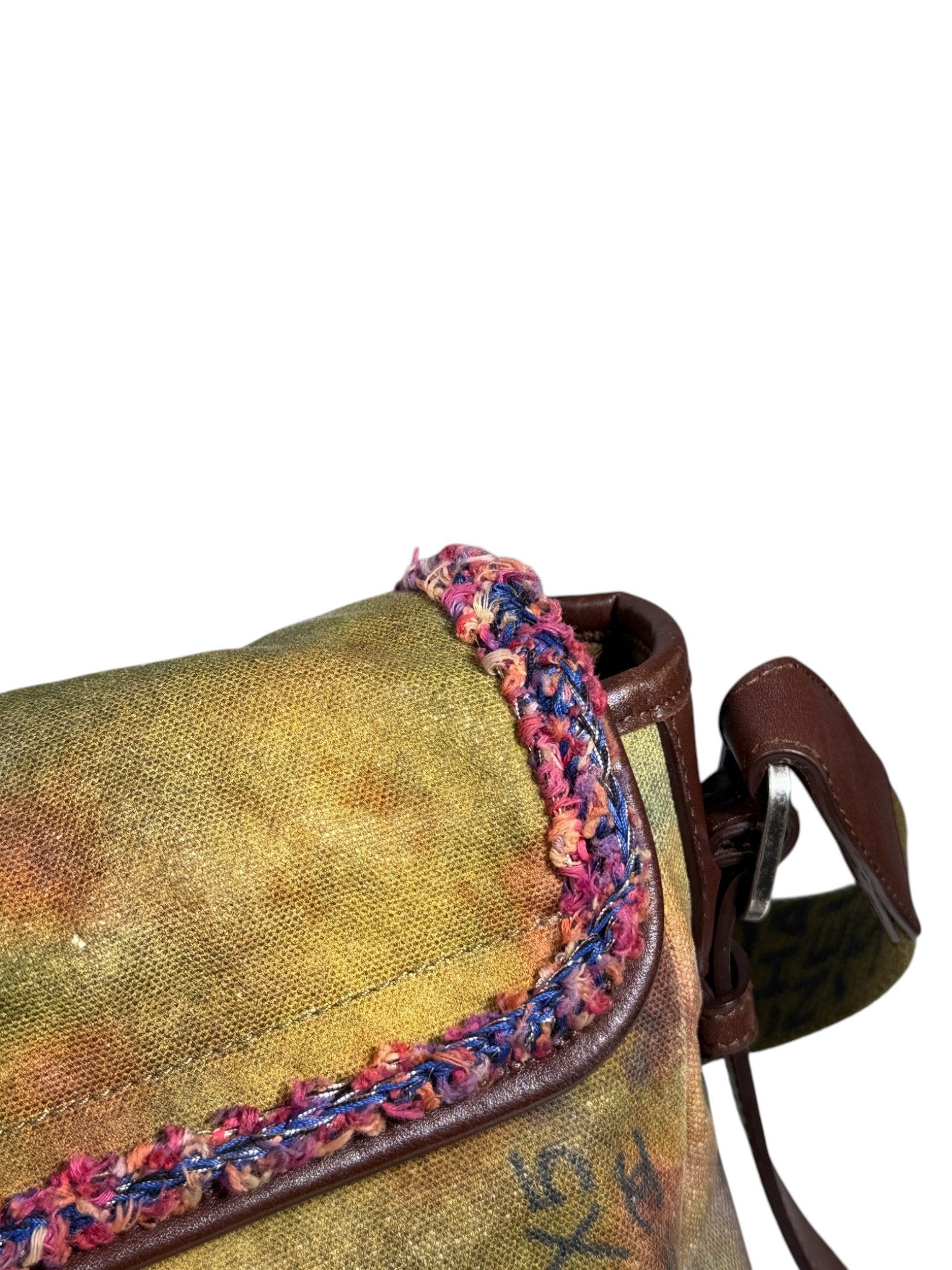 Multicolor Fringe Tweed Trim Chanel Brown Leather Piping