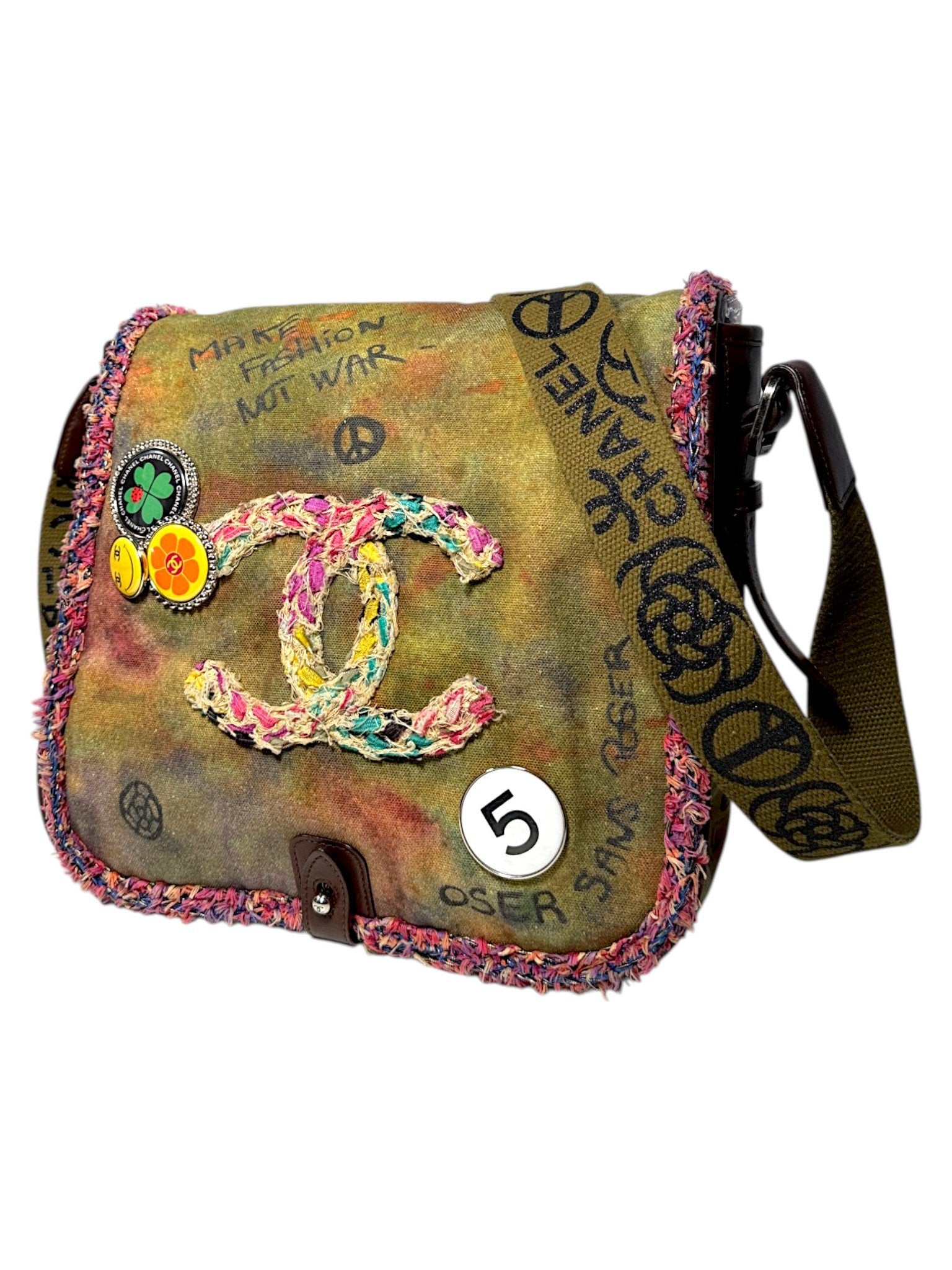 Green Graffiti Canvas Crossbody Bag Chanel Woven CC Logo