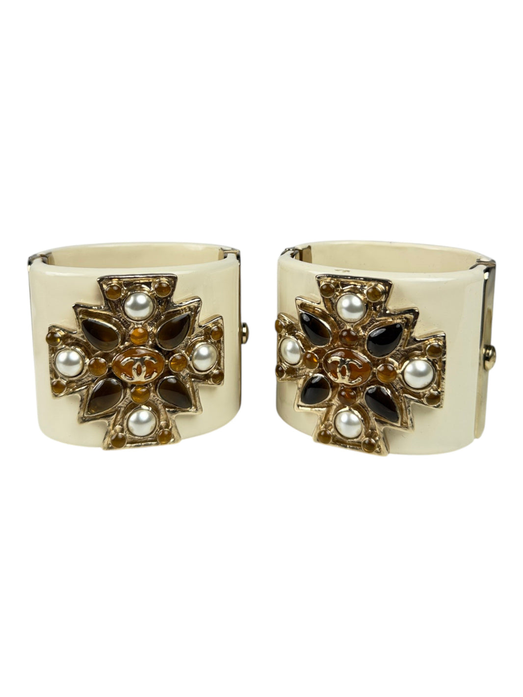 Pair of Chanel Maltese Cross Cuff Bracelets Ivory Resin Gripoix