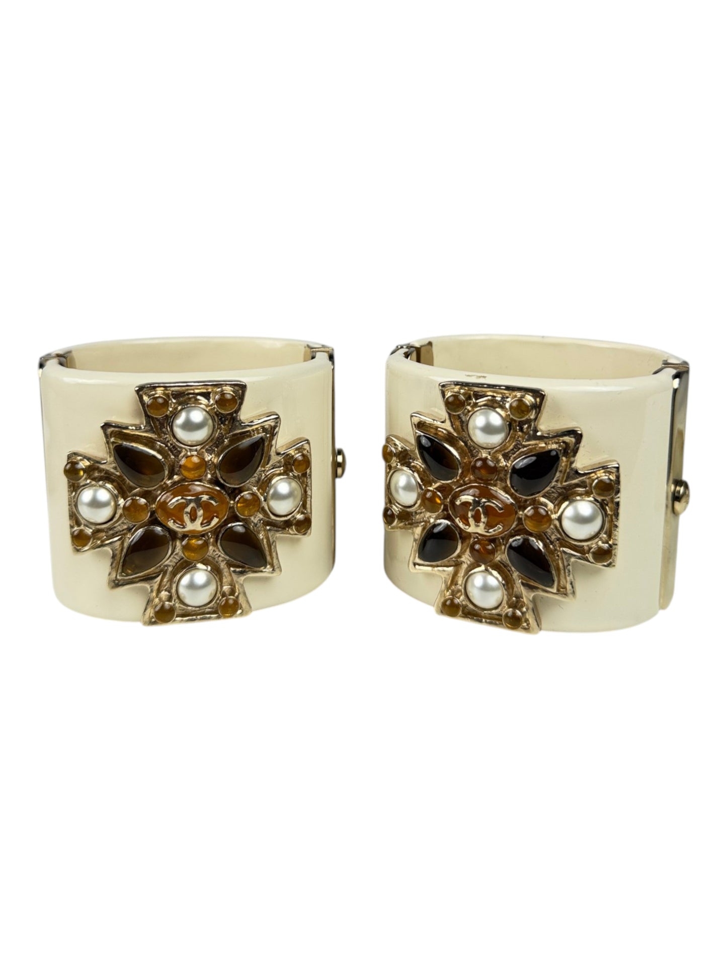 Pair of Chanel Maltese Cross Cuff Bracelets Ivory Resin Gripoix