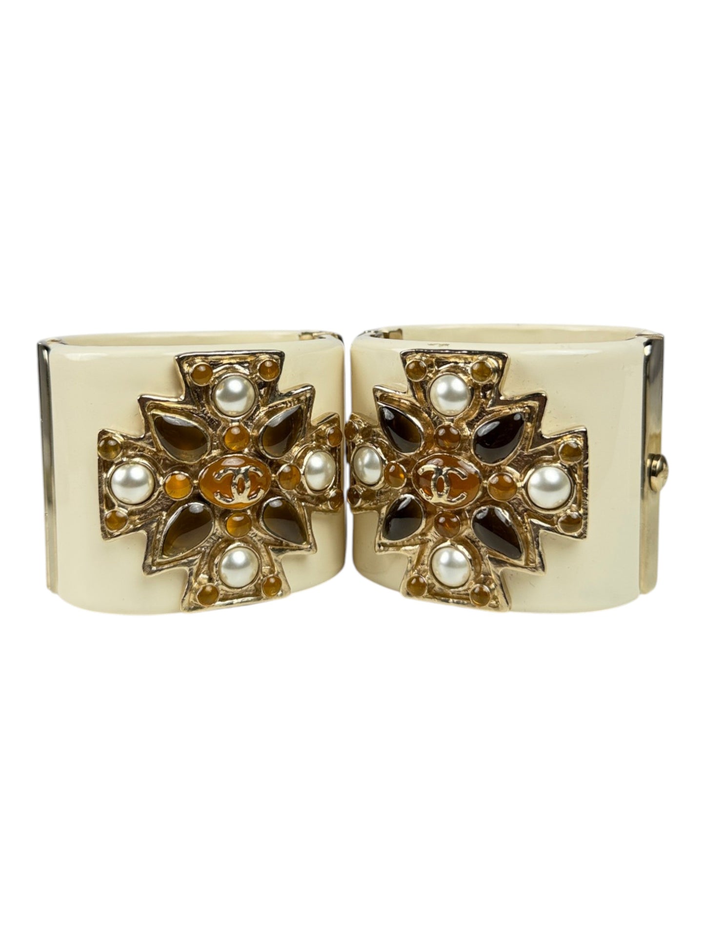 Gripoix Pearl Maltese Cross Chanel Cuff Bracelets Gilt CC Logo