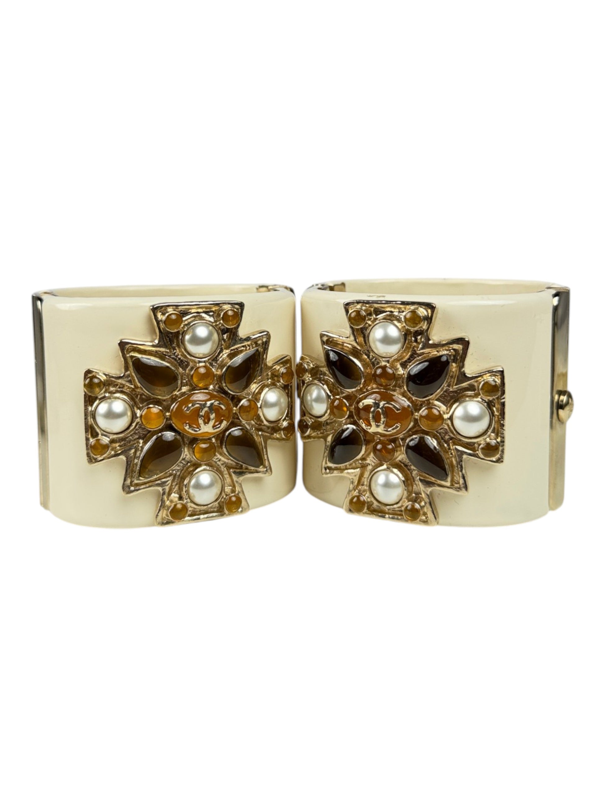 Gripoix Pearl Maltese Cross Chanel Cuff Bracelets Gilt CC Logo