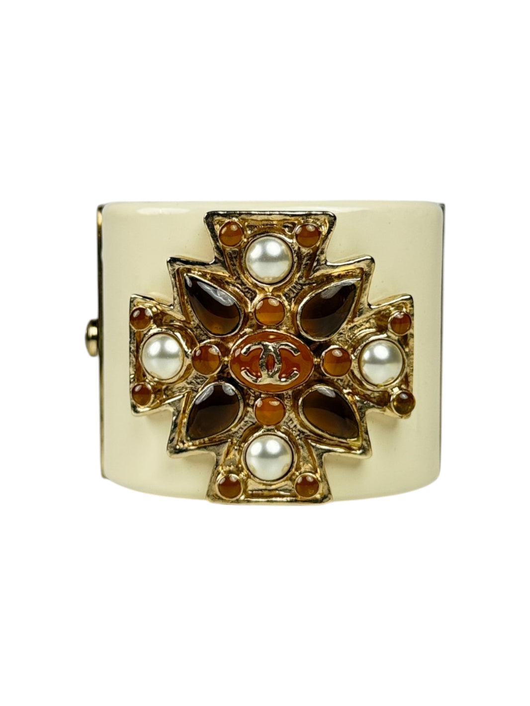 Chanel Maltese Cross Cuff Bracelet Ivory Resin Gripoix Glass Faux Pearls