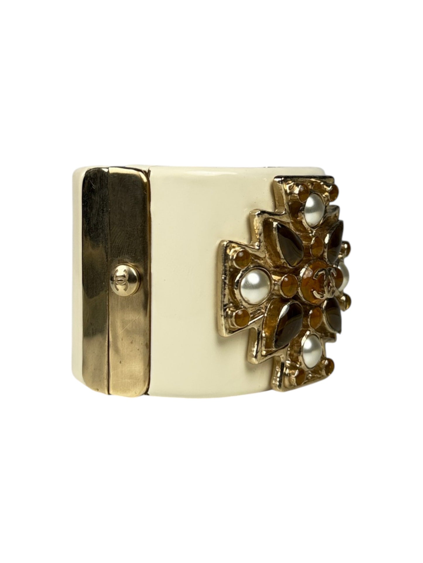 Gilt CC Logo Maltese Cross on Chanel Ivory Resin Bracelet
