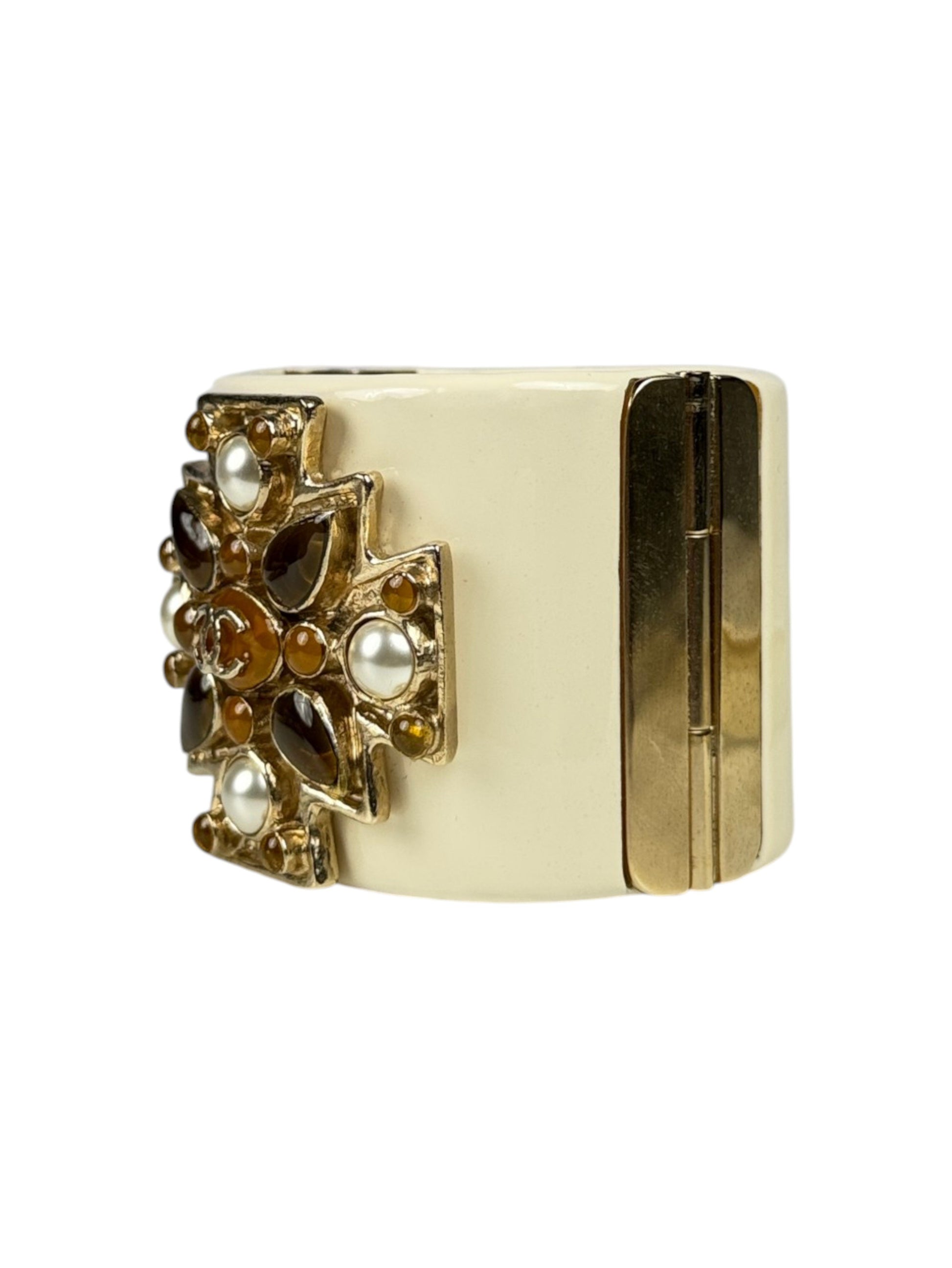 Amber Gripoix Glass and Pearl Maltese Cross Chanel Bracelet