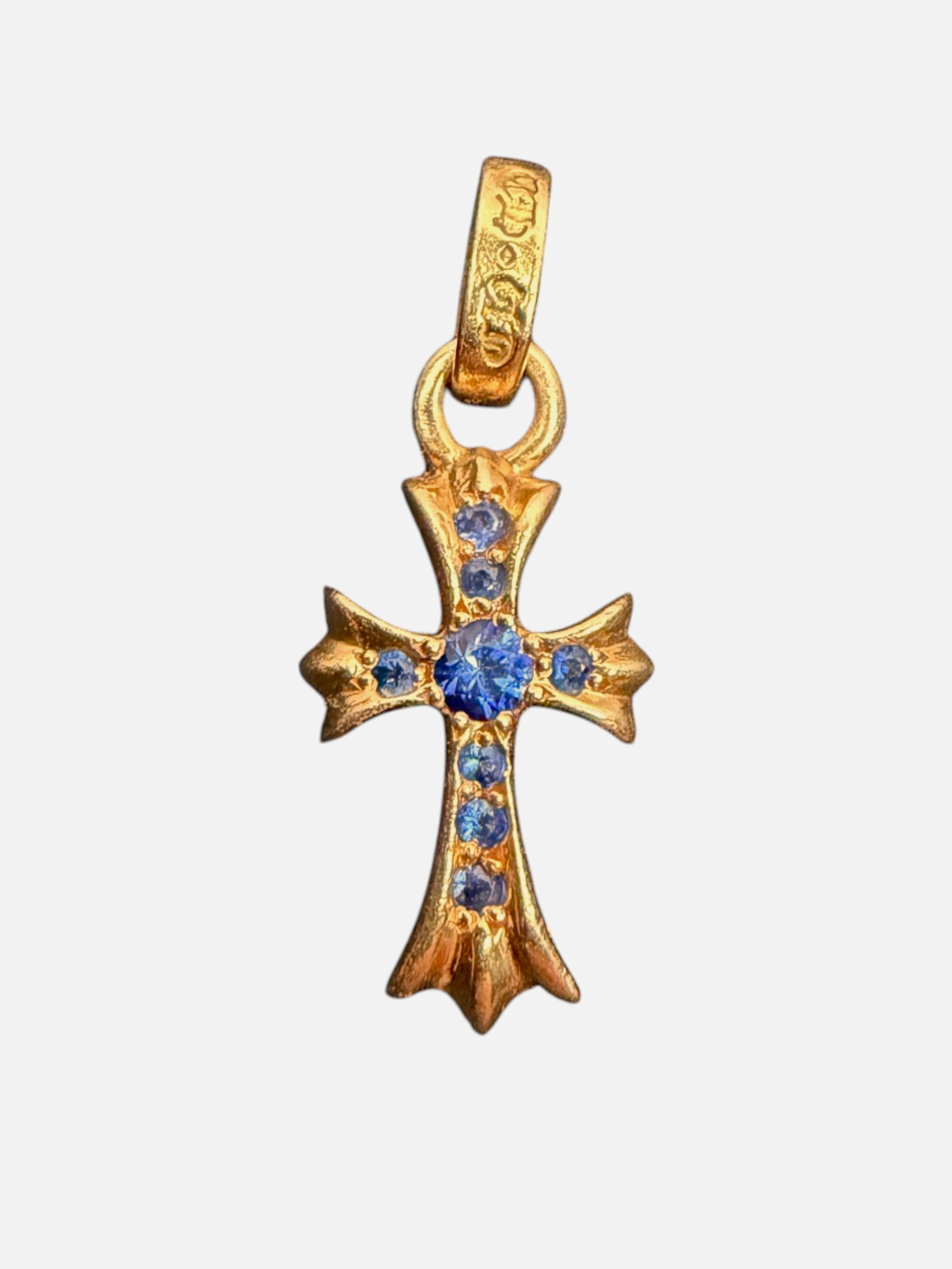 Chrome Hearts Baby Fat Cross Charm 22k Gold Blue Sapphire
