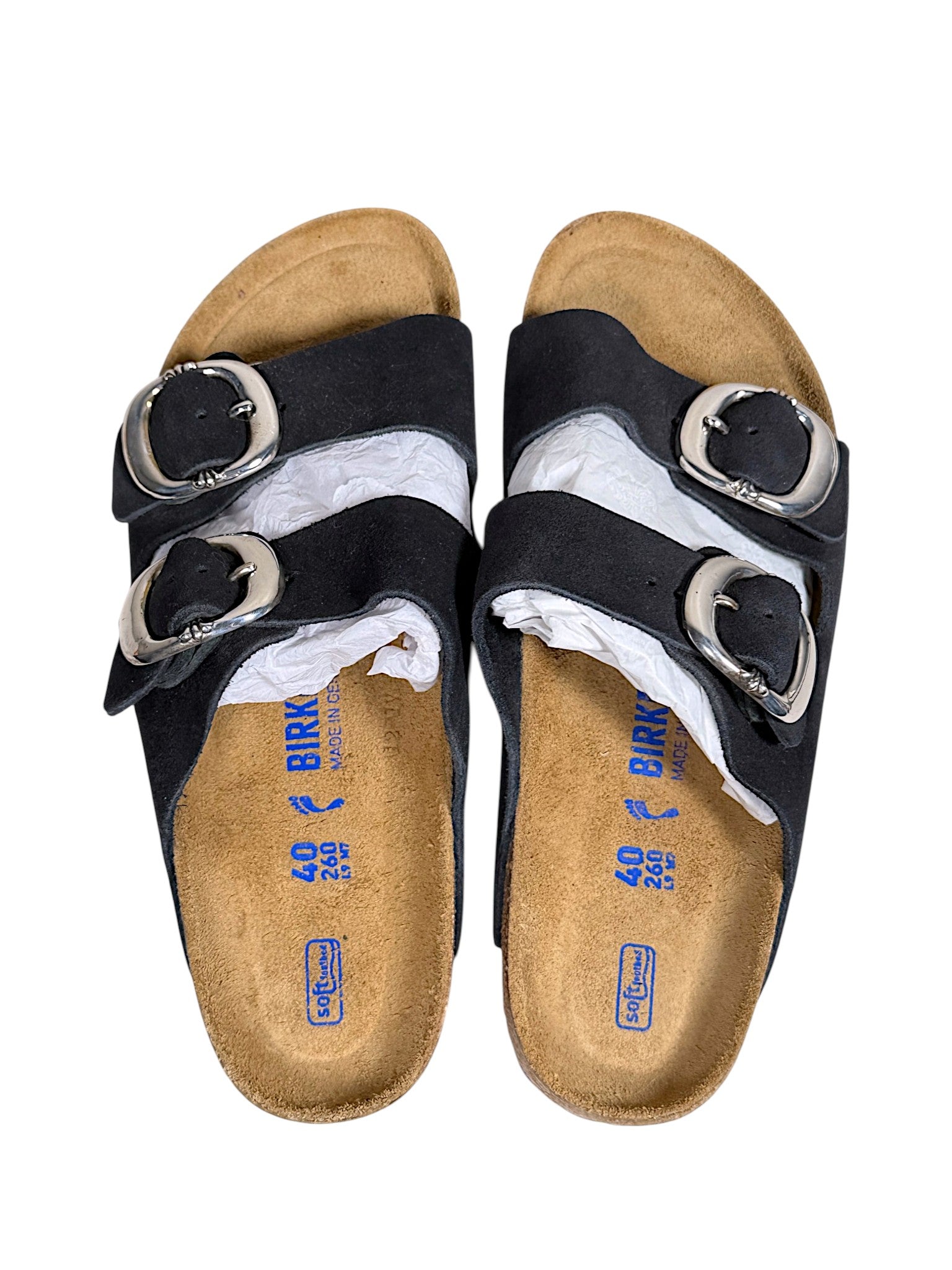 Sterling silver Gunslinger buckle black suede Birkenstock sandals by Chrome Hearts