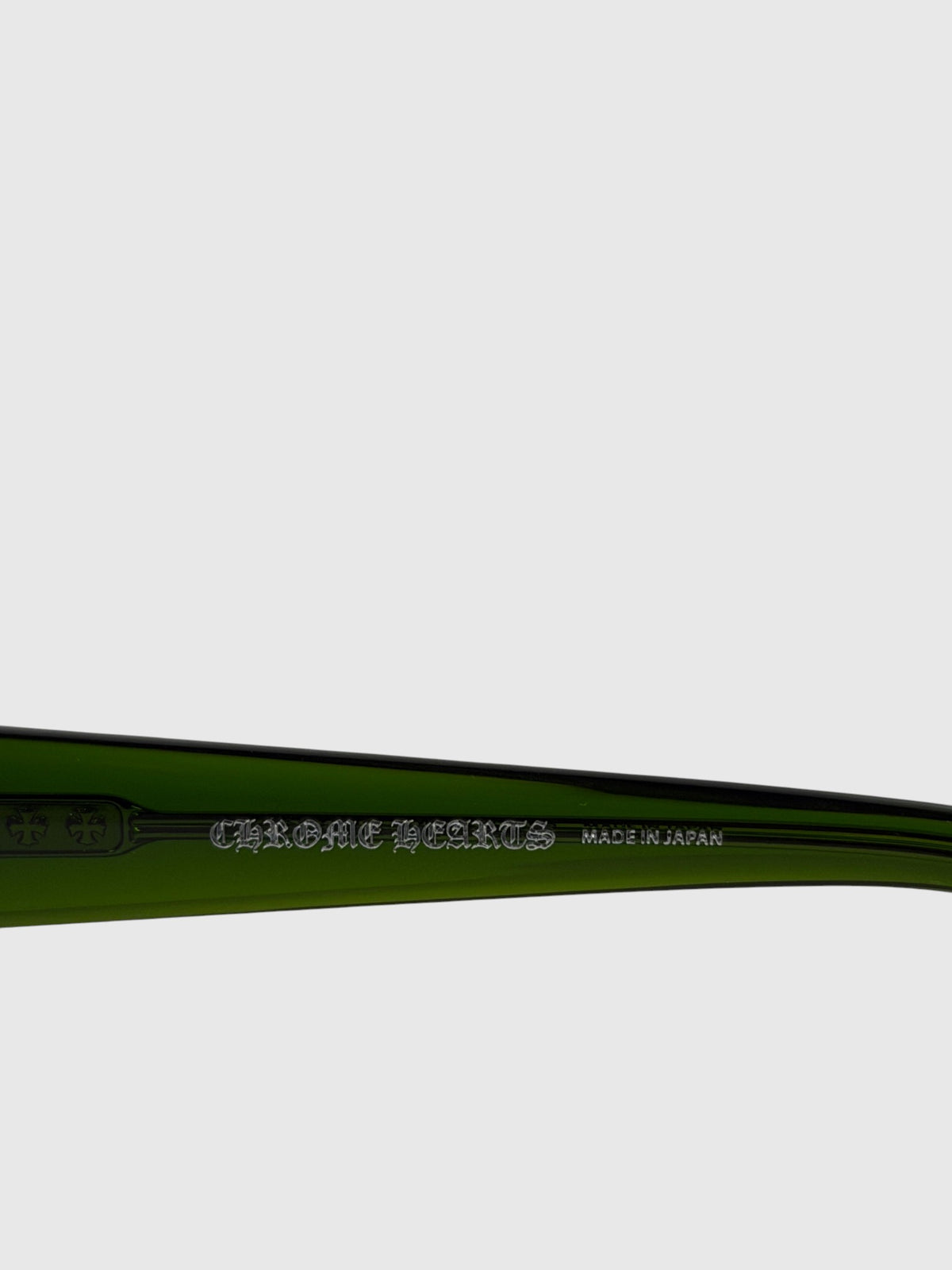 Cross Embossed Temples on Chrome Hearts Green Acetate Glasses