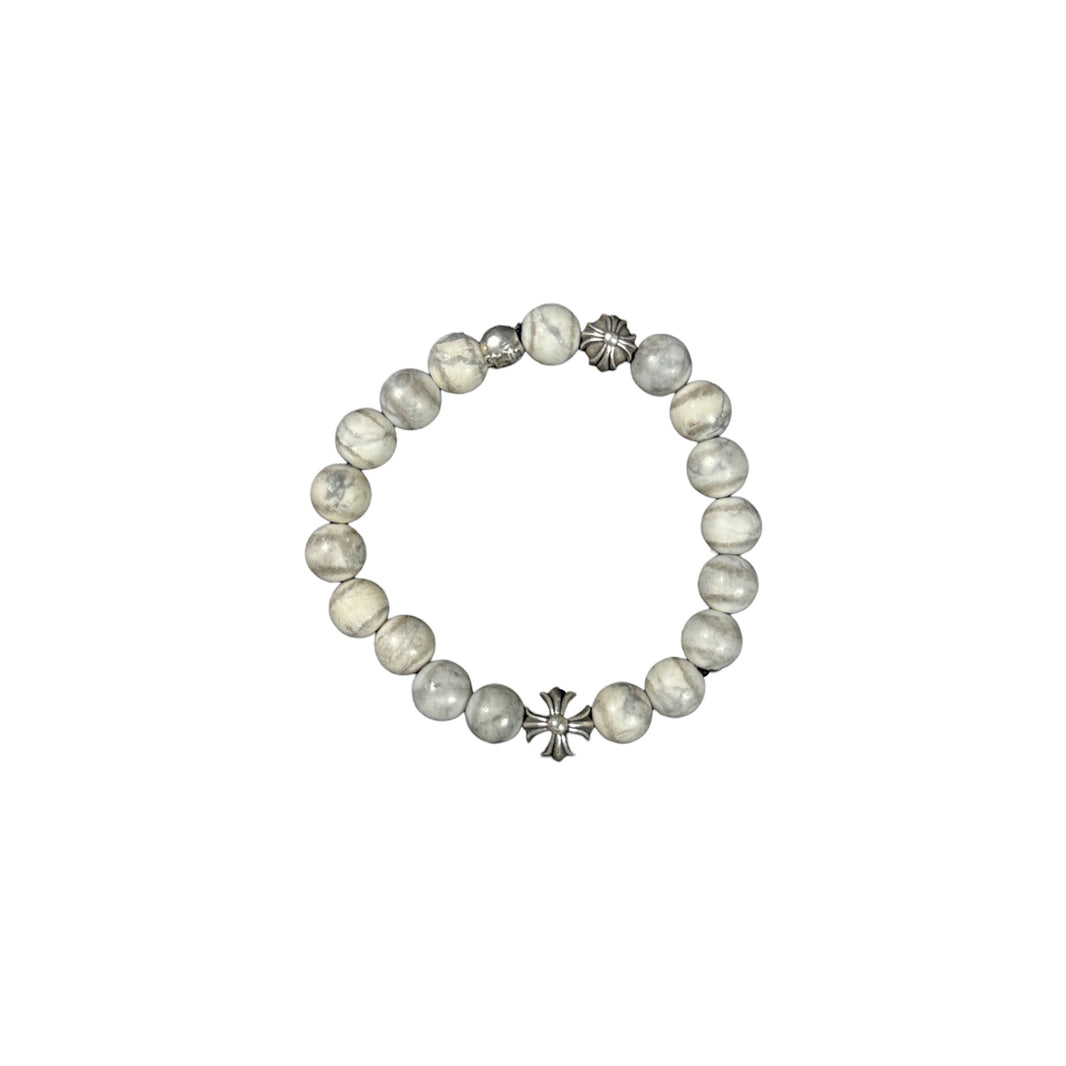 8mm Howlite Beaded SIlver Cross Bracelet