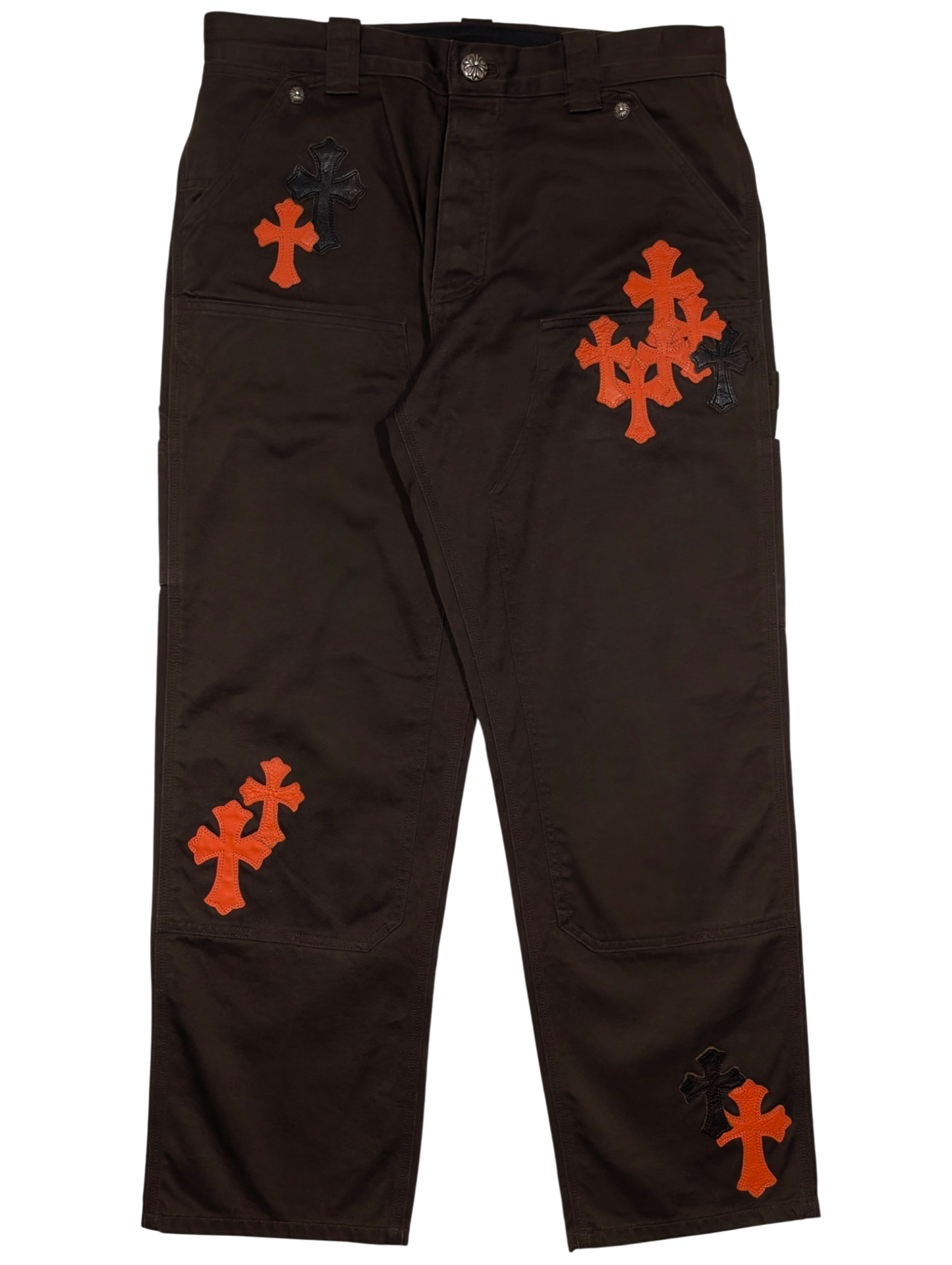 Brown Orange Cross Patch Carpenter Pants Double Knee