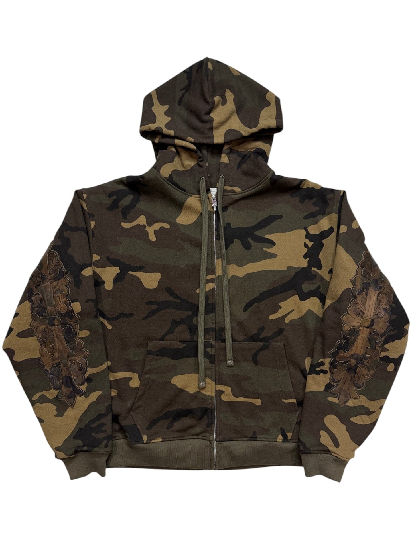 Chrome Hearts Camo Zip Hoodie Floral Cross Leather Sleeve Patch
