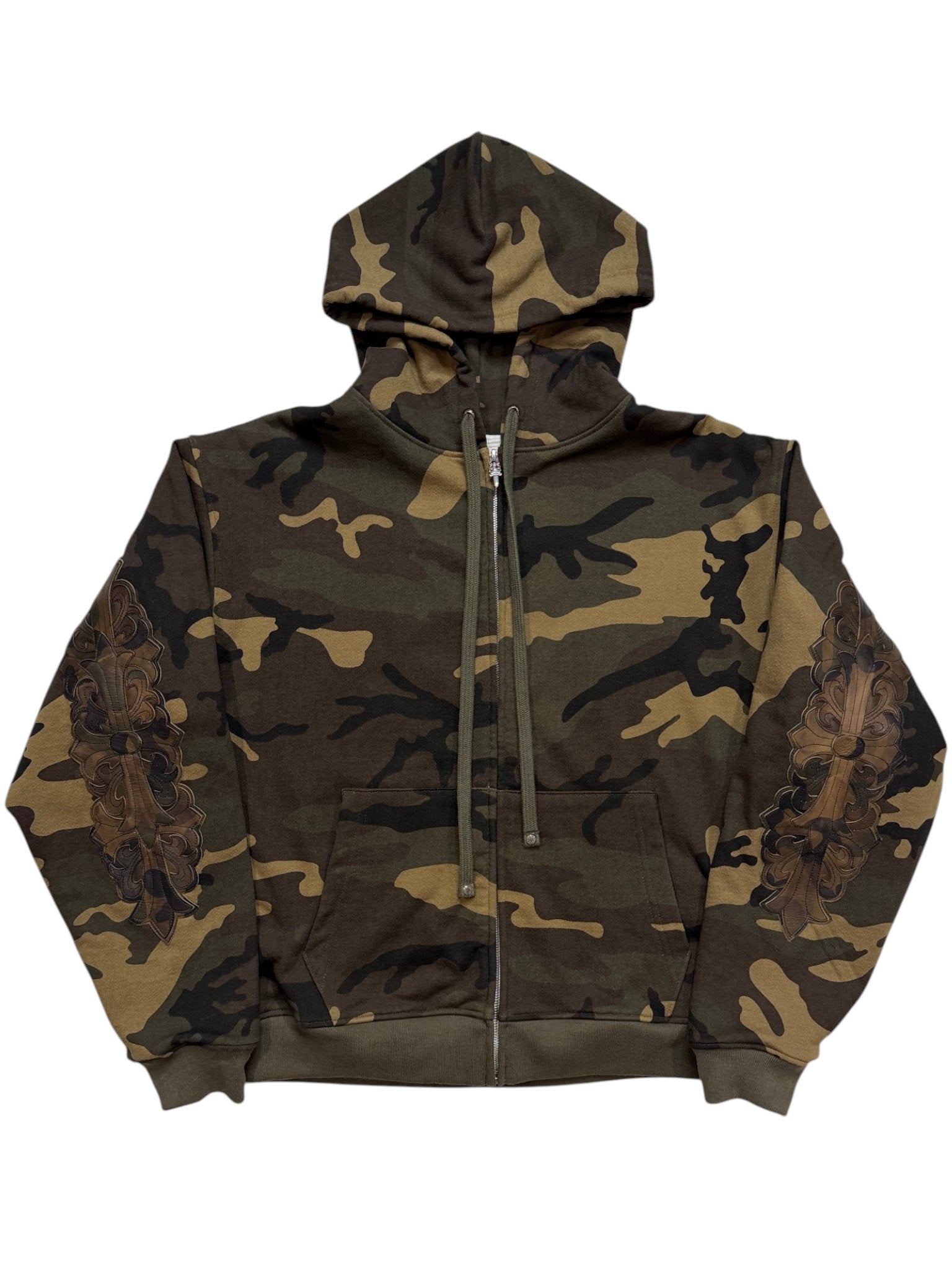 Chrome Hearts Camo Zip Hoodie Floral Cross Leather Sleeve Patch
