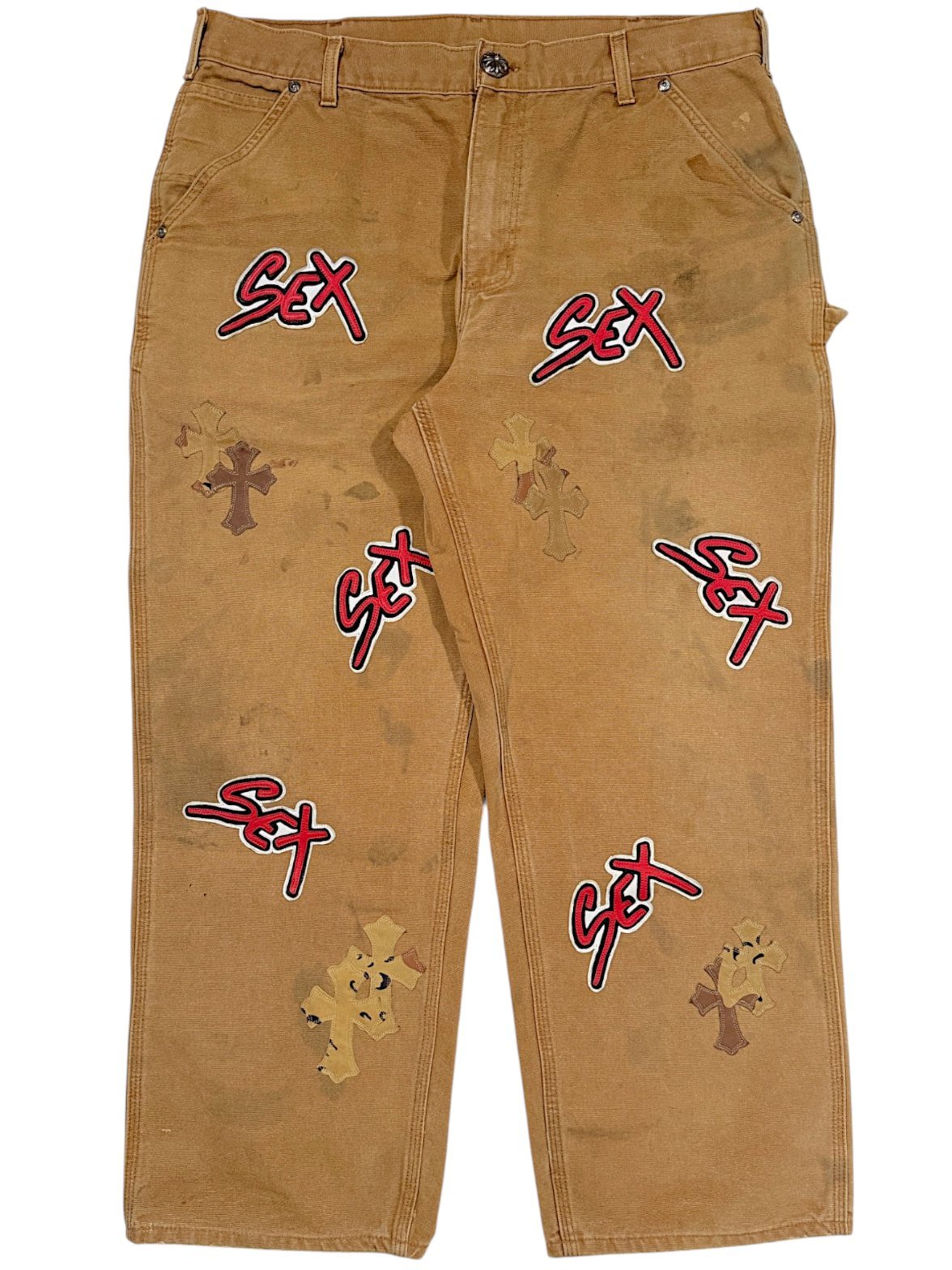 Chrome Hearts Carhartt Carpenter Pants Tan Canvas Sex Records Cross Patch