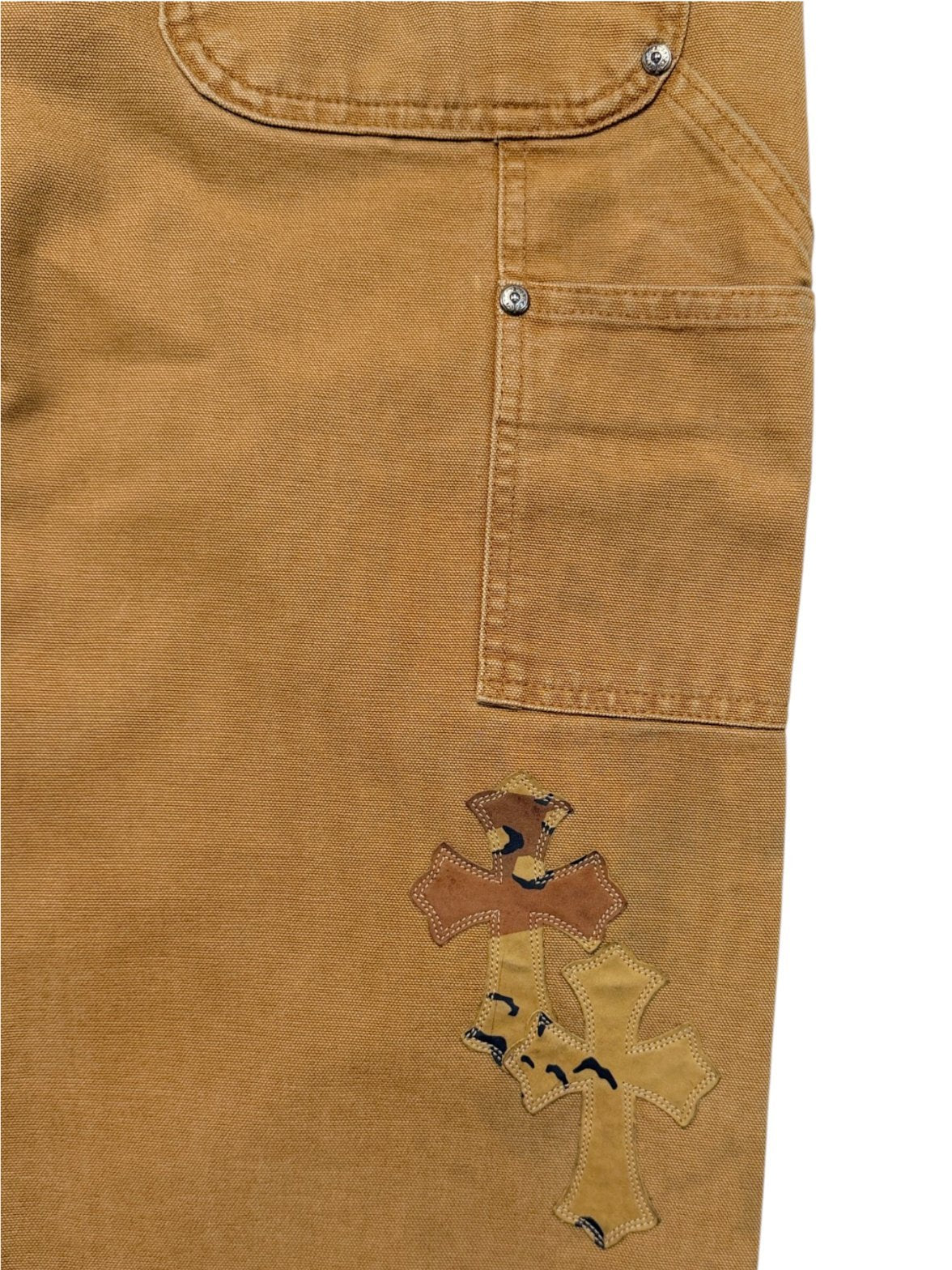 Chrome Hearts Carhartt Leather Cross Patch Stitched Suede Tan Canvas Pants