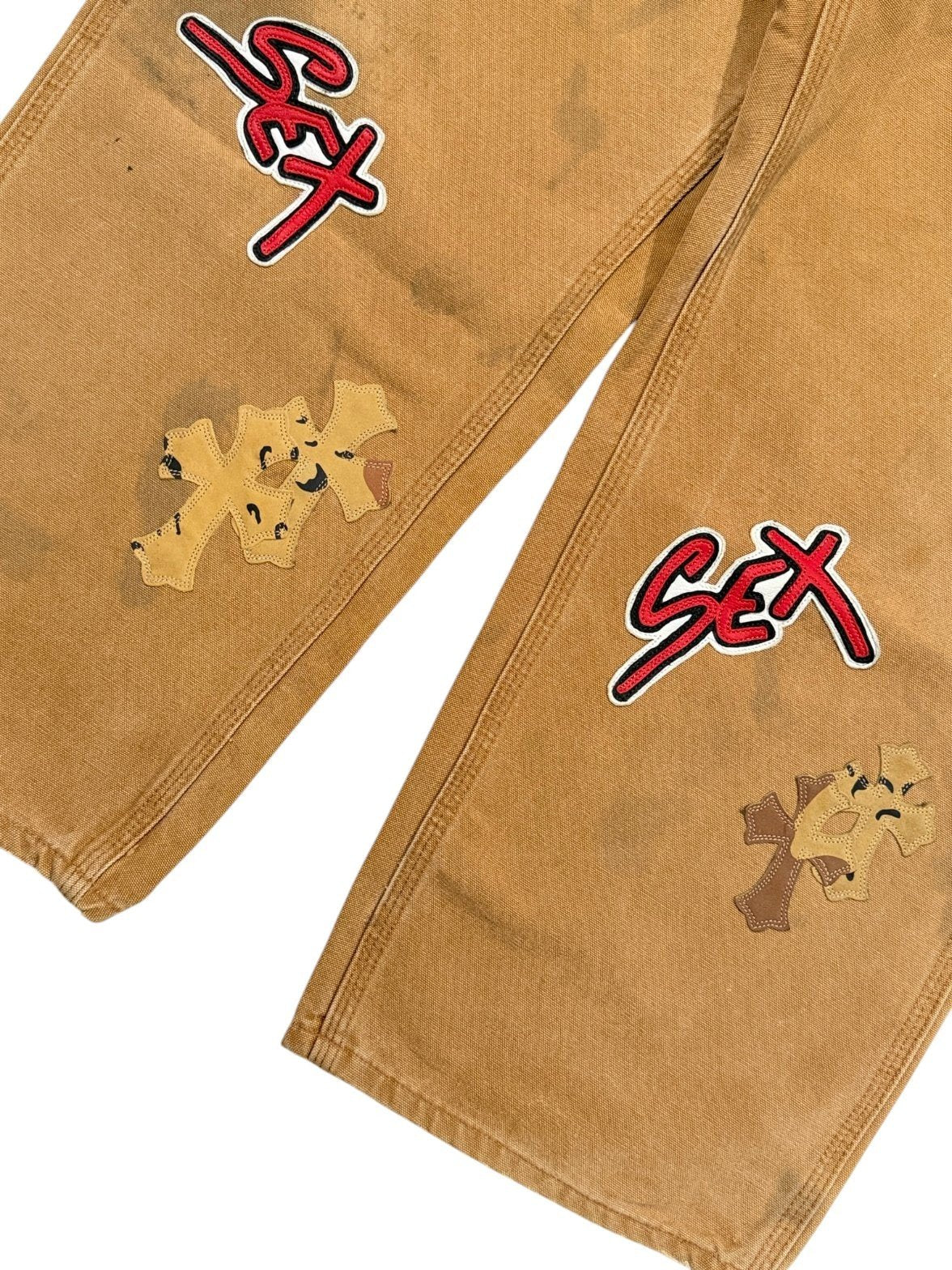 Chrome Hearts Carhartt Pants Leg Sex Records Embroidered Patch Cross Leather