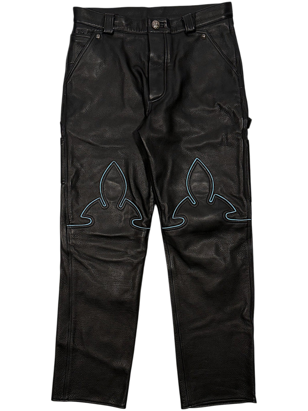 Blue Fleur Knee Inlay Full Grain Leather Chrome Hearts Pants