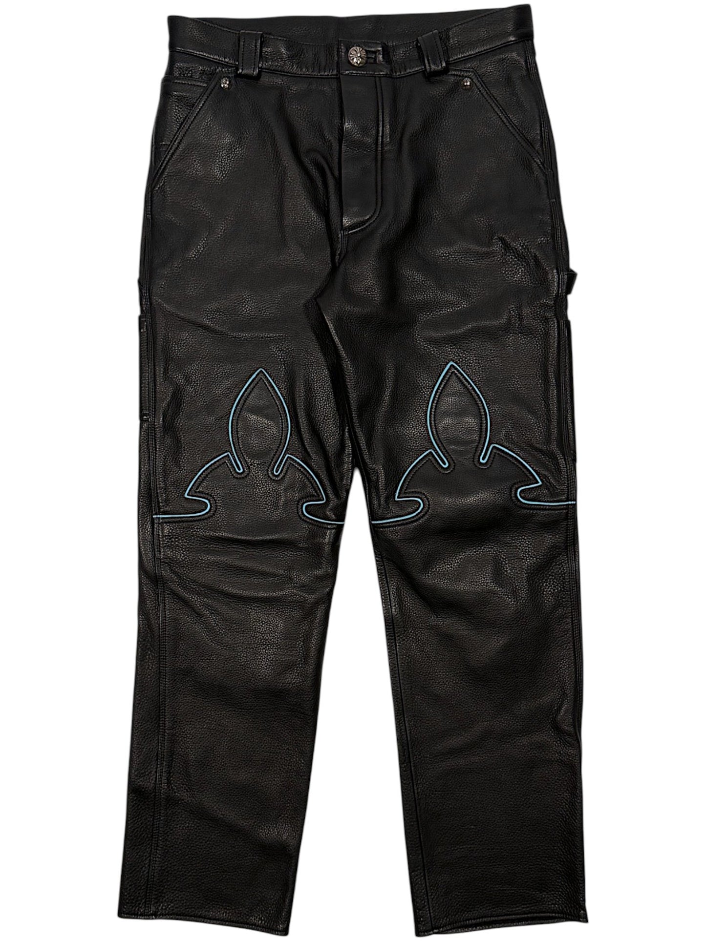 Blue Fleur Knee Inlay Full Grain Leather Chrome Hearts Pants