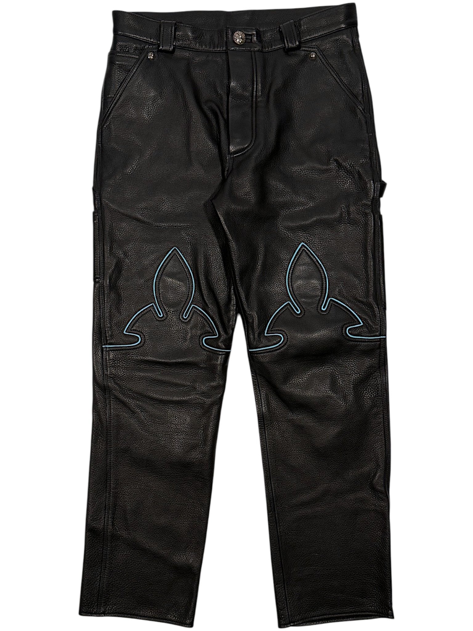 Blue Fleur Knee Inlay Full Grain Leather Chrome Hearts Pants