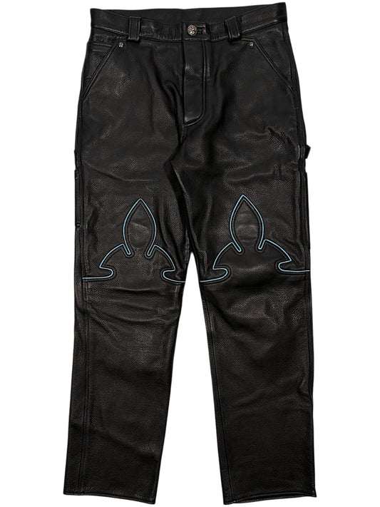 Blue Fleur Knee Inlay Full Grain Leather Chrome Hearts Pants