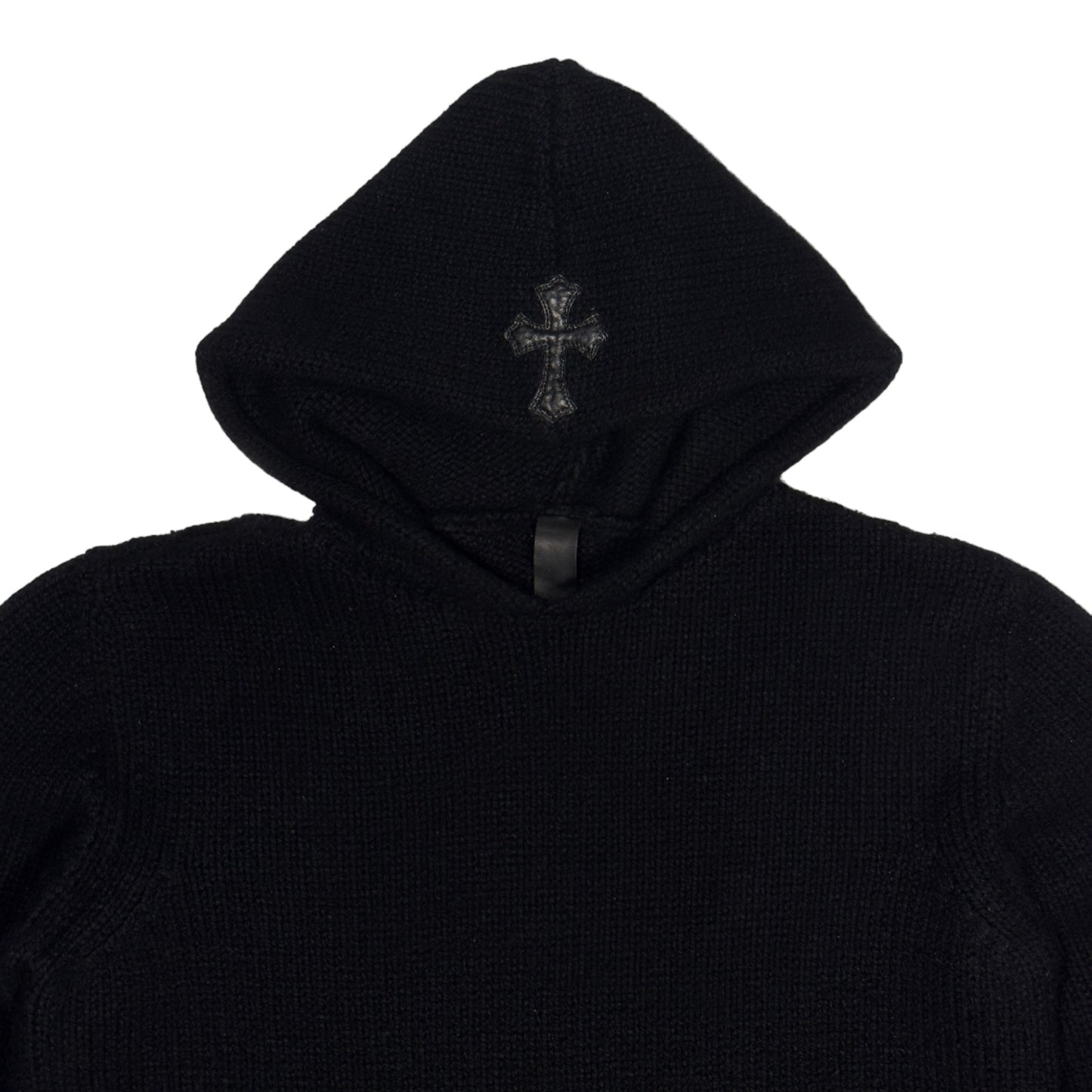 Cashmere Plus Embroidered Leather Cross Patch Knit Hoodie