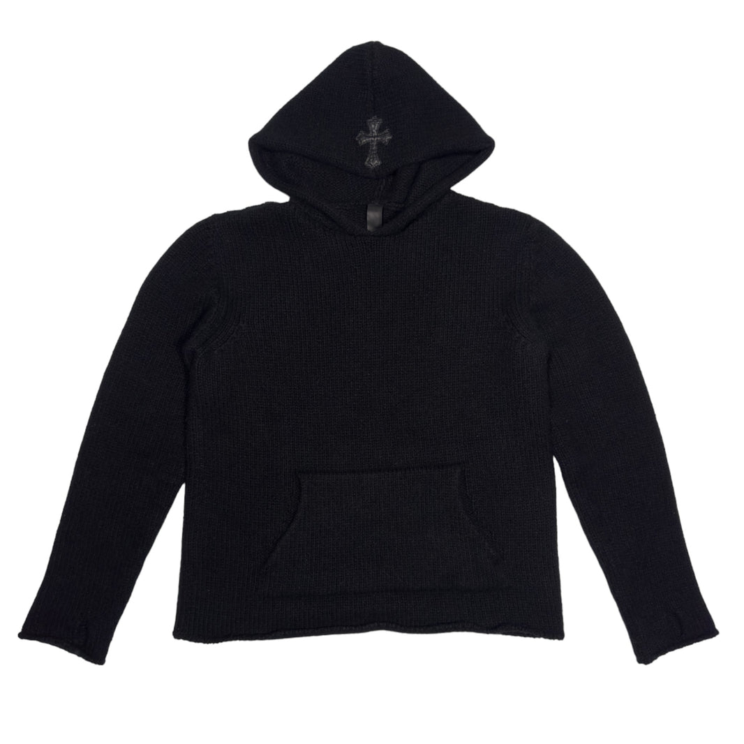 Cashmere Plus Embroidered Leather Cross Patch Knit Hoodie