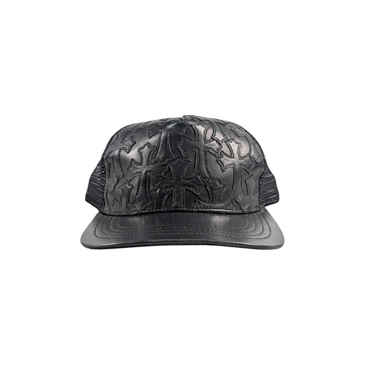 Chrome Hearts Black Leather Cemetery Cross Patch Hat Authentic Hats