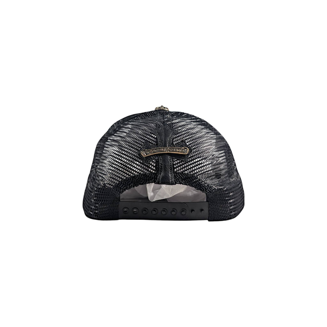 Chrome Hearts Black Leather Cemetery Cross Patch Hat Sterling Silver Hardware