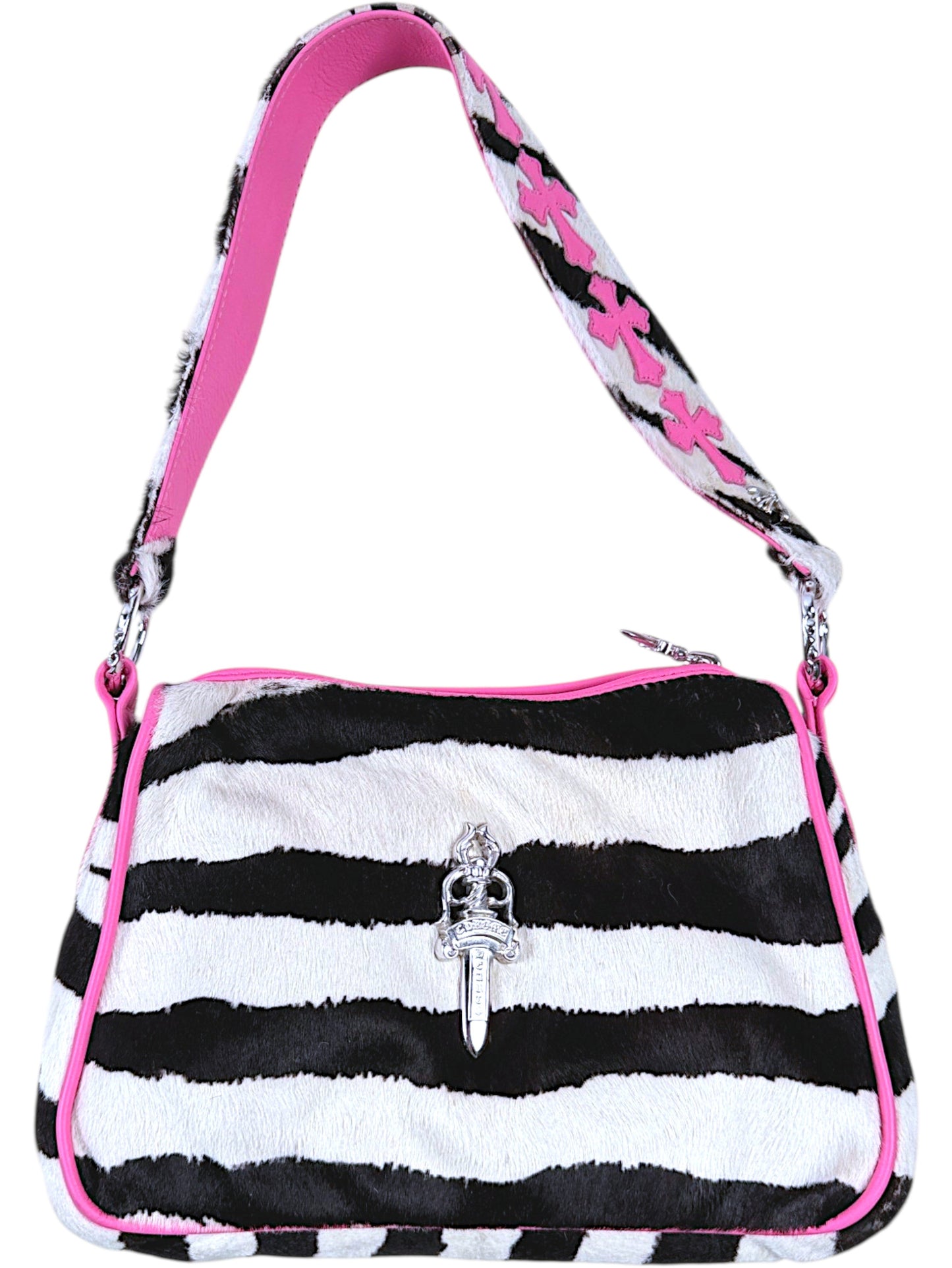 Zebra Pony Hair Chrome Hearts Handbag Pink Trim Rhodium Dagger Zipper