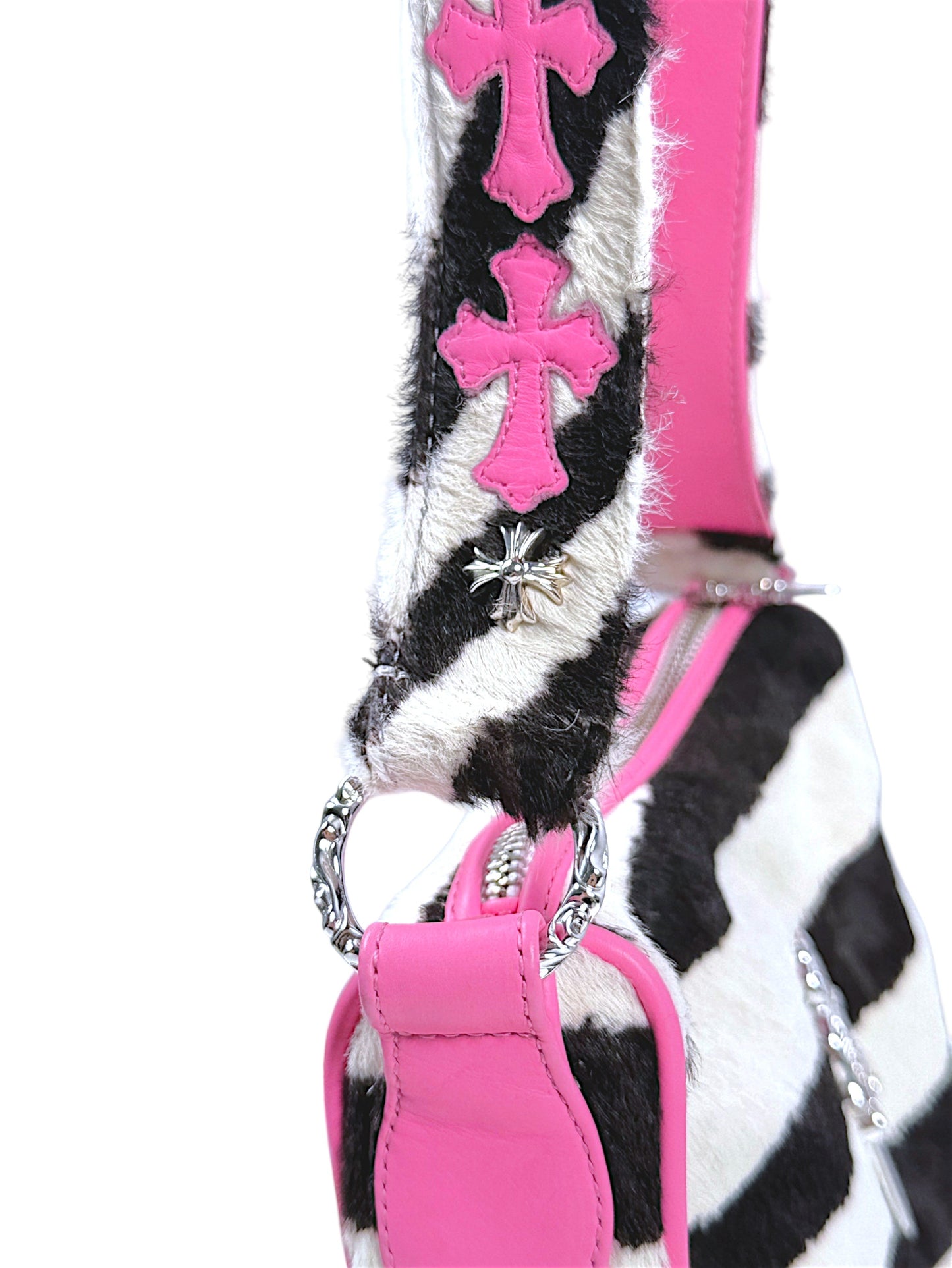 Chrome Hearts Pink Cross Patches Zebra Strap Rhodium Silver Link Ring