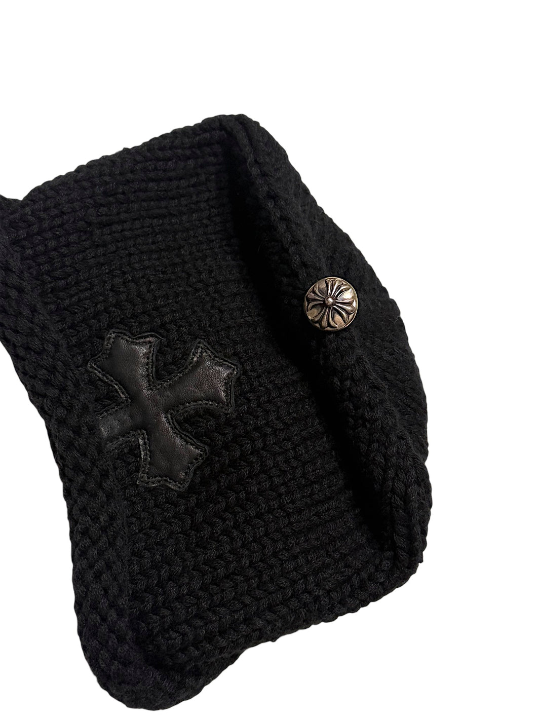 Chrome Hearts black knit beanie with leather cross patch and sterling silver floral button detail