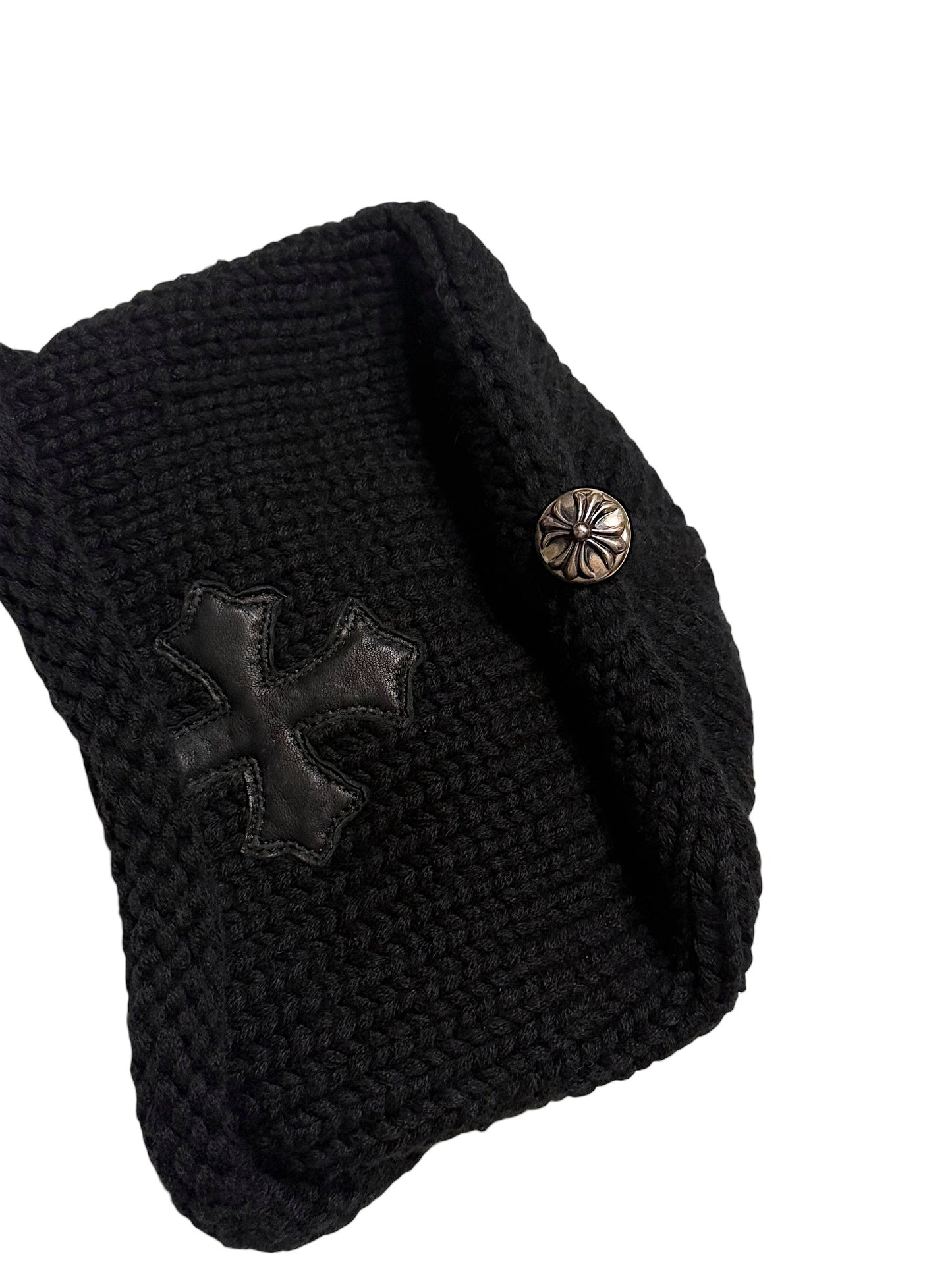 Chrome Hearts black knit beanie with leather cross patch and sterling silver floral button detail