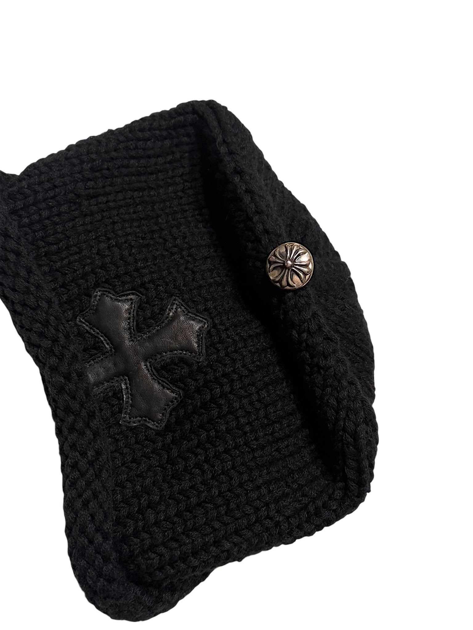 Chrome Hearts black knit beanie with leather cross patch and sterling silver floral button detail
