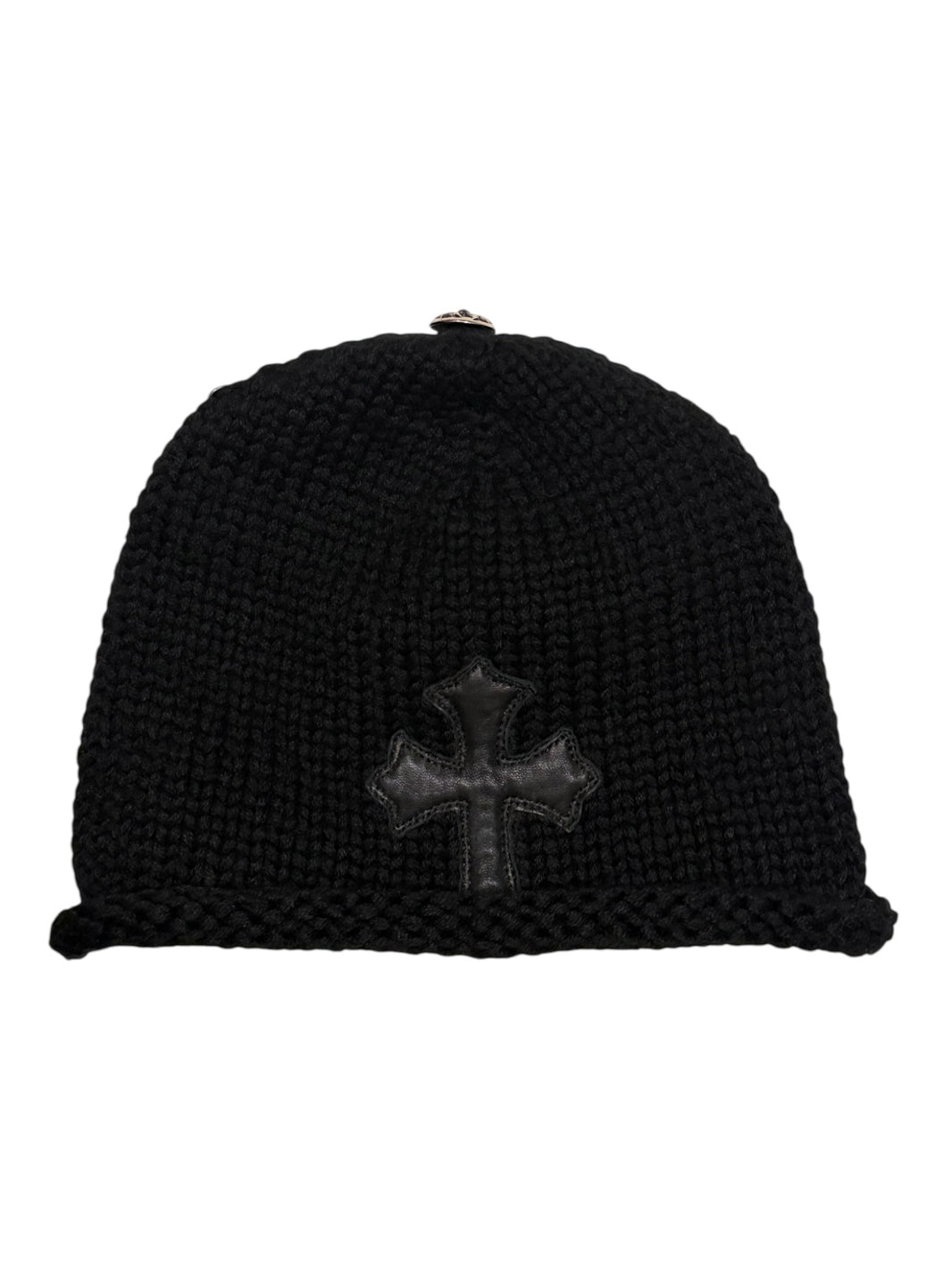 Chrome Hearts black wool beanie bottom view showing leather cross detail and knit texture