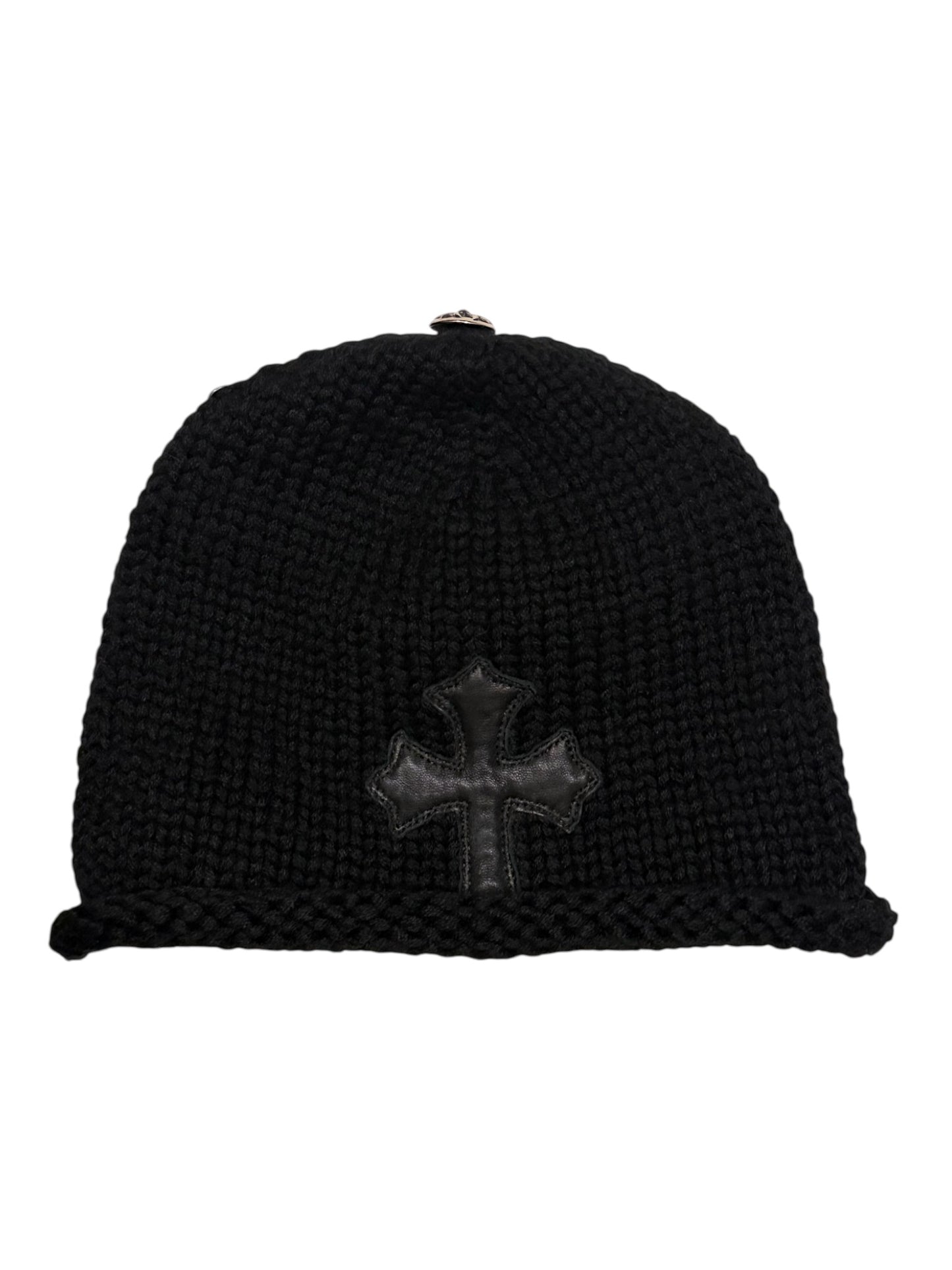 Chrome Hearts black wool beanie bottom view showing leather cross detail and knit texture