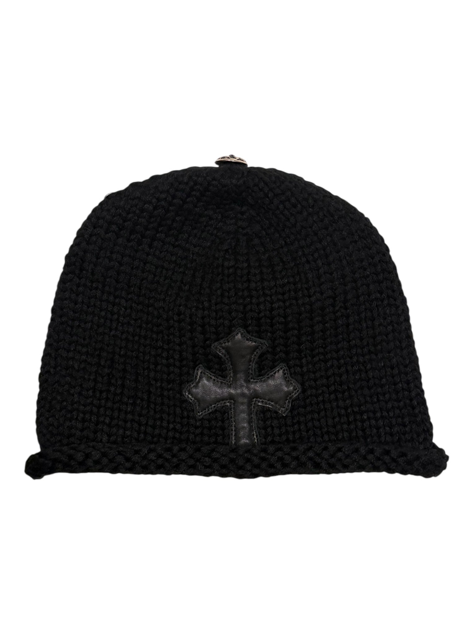 Chrome Hearts black wool beanie bottom view showing leather cross detail and knit texture