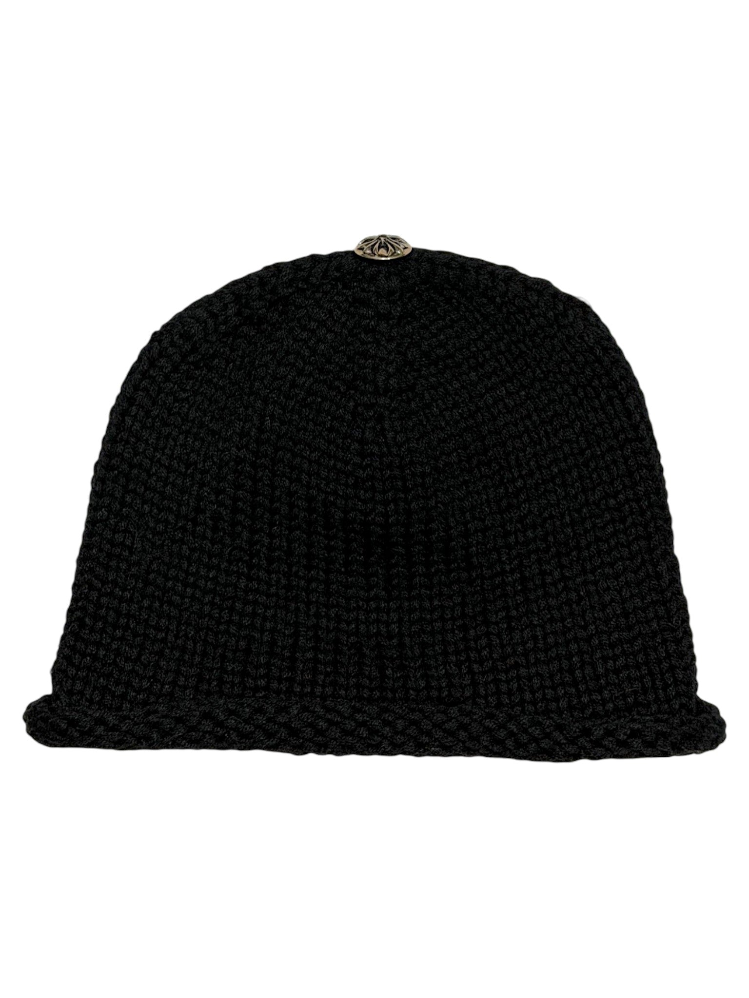 Chrome Hearts knit beanie top view with sterling silver floral button and cross patch