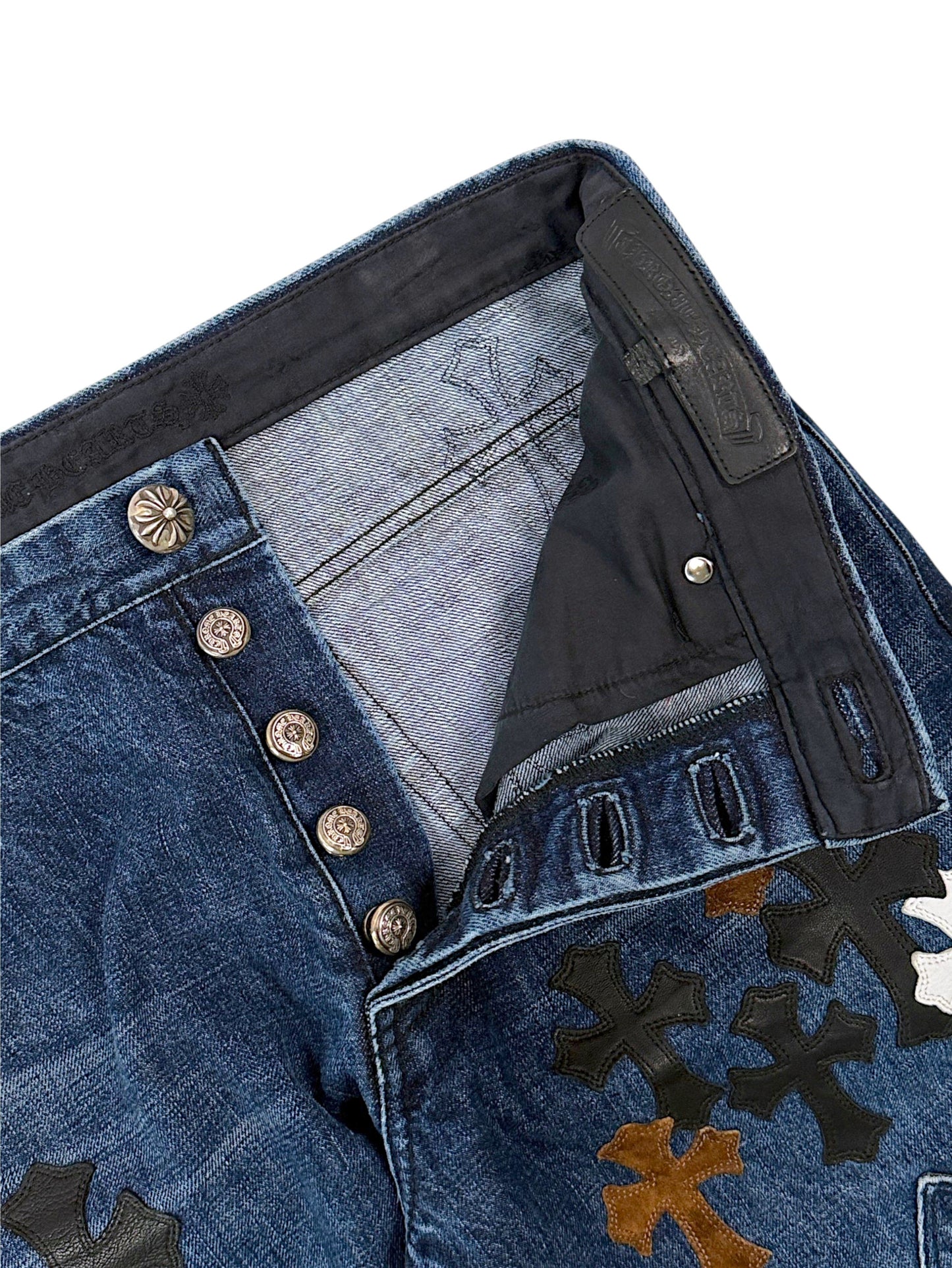 Suede and Leather Cross Patches on Chrome Hearts Jeans